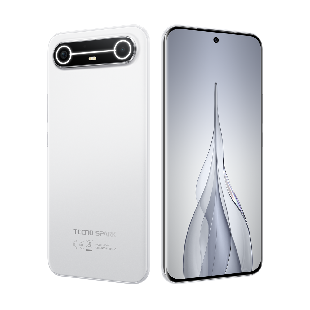 Beyaz bir Tecno Spark akıllı telefon, ön ve arka görünümleri. Arkada çift kamera, önde soyut bir tasarım var.