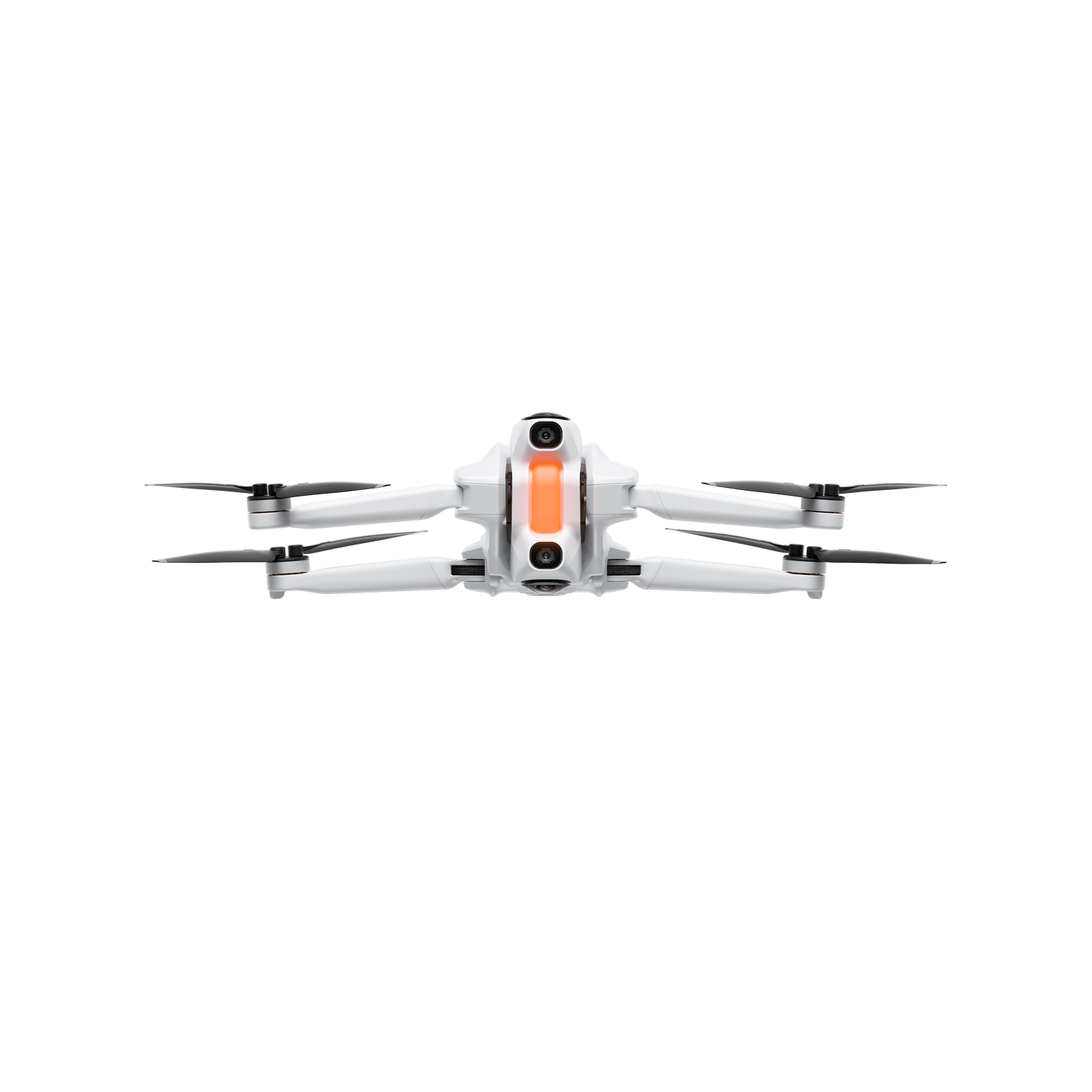 Un dron blanco con hélices negras y detalles naranjas está centrado sobre un fondo gris. El dron tiene cuatro brazos.