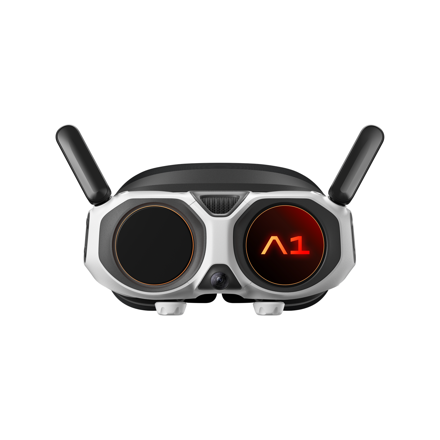 Vista superior de gafas de realidad virtual. Blanco y negro, con dos antenas. Una pantalla muestra 'A1' en rojo. Fondo gris.