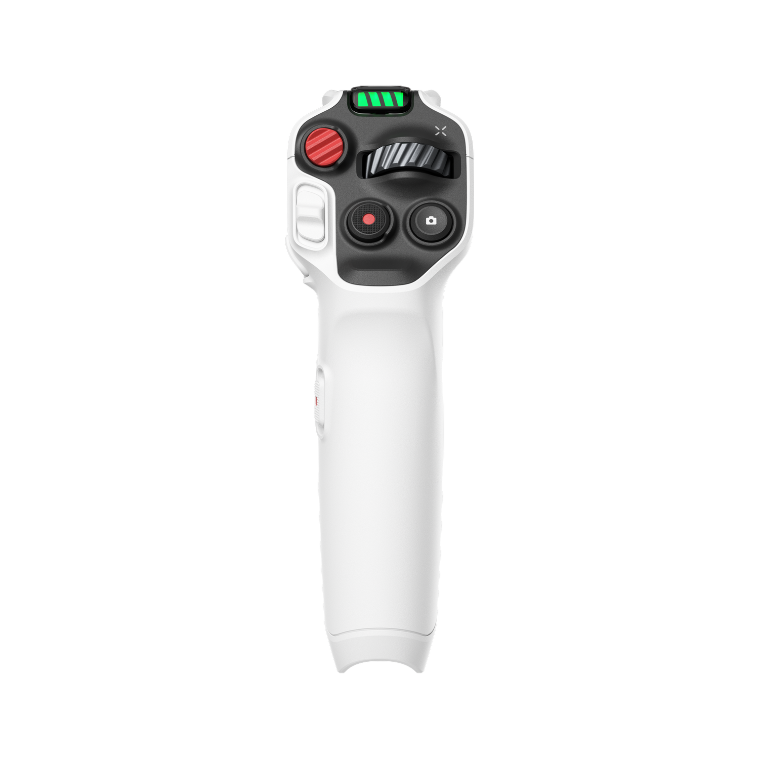 Controlador blanco con botones negros y rojos, un dial e indicador de batería sobre fondo gris.