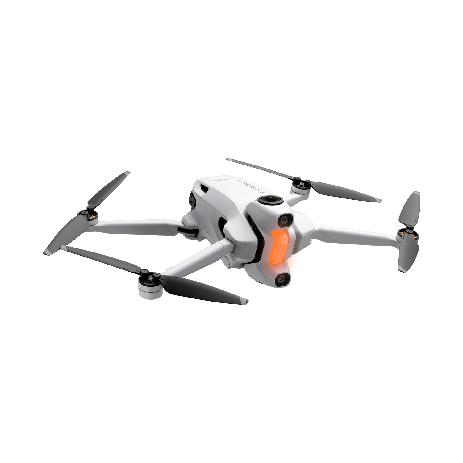 Un dron blanco con cuatro hélices está centrado sobre un fondo gris. El frente tiene luces naranjas. Las aspas son grises.