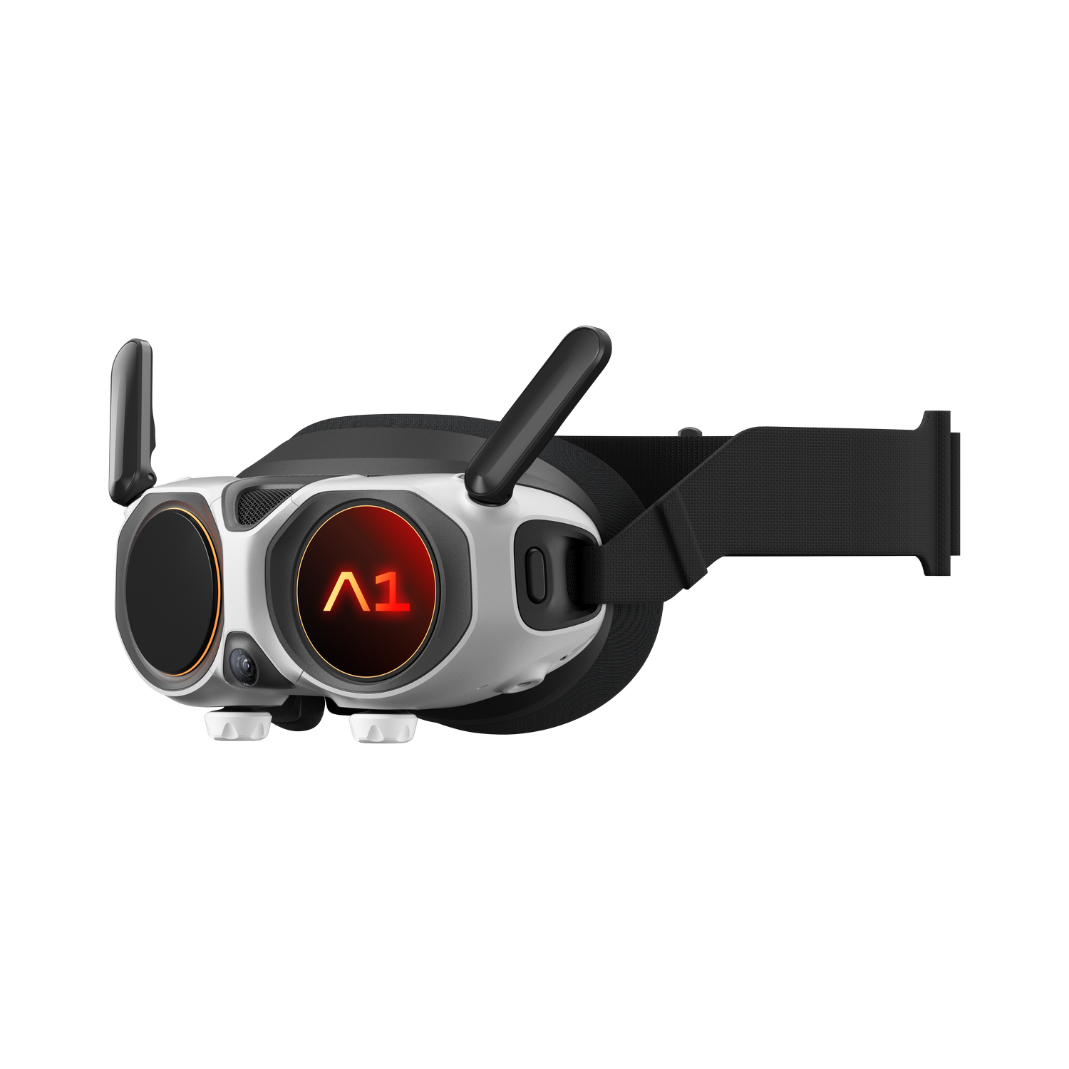 Auriculares VR con diseño blanco y negro, pantallas iluminadas en rojo, antenas y correa negra. Fondo gris.