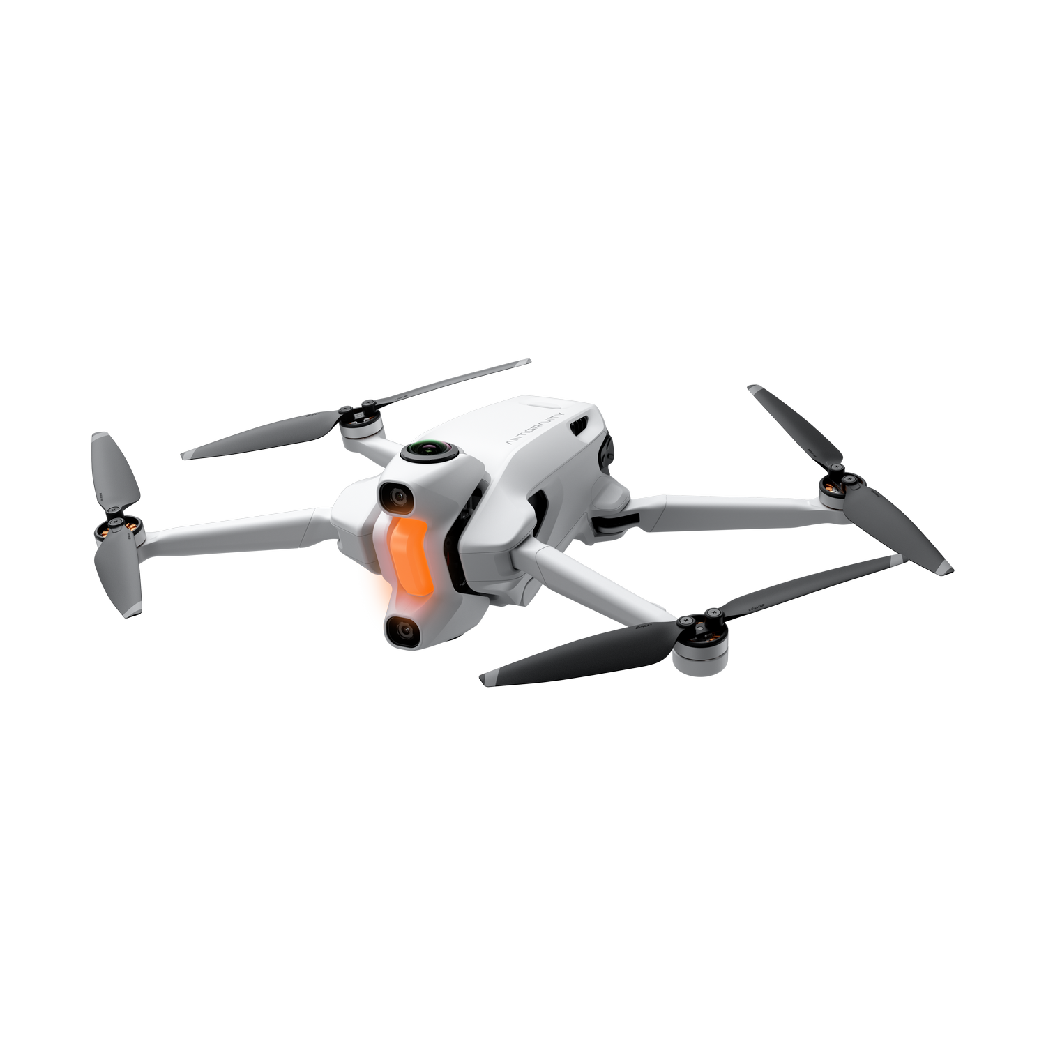 Un dron blanco con cuatro hélices está centrado sobre un fondo gris. El dron tiene luces naranjas y hélices negras.