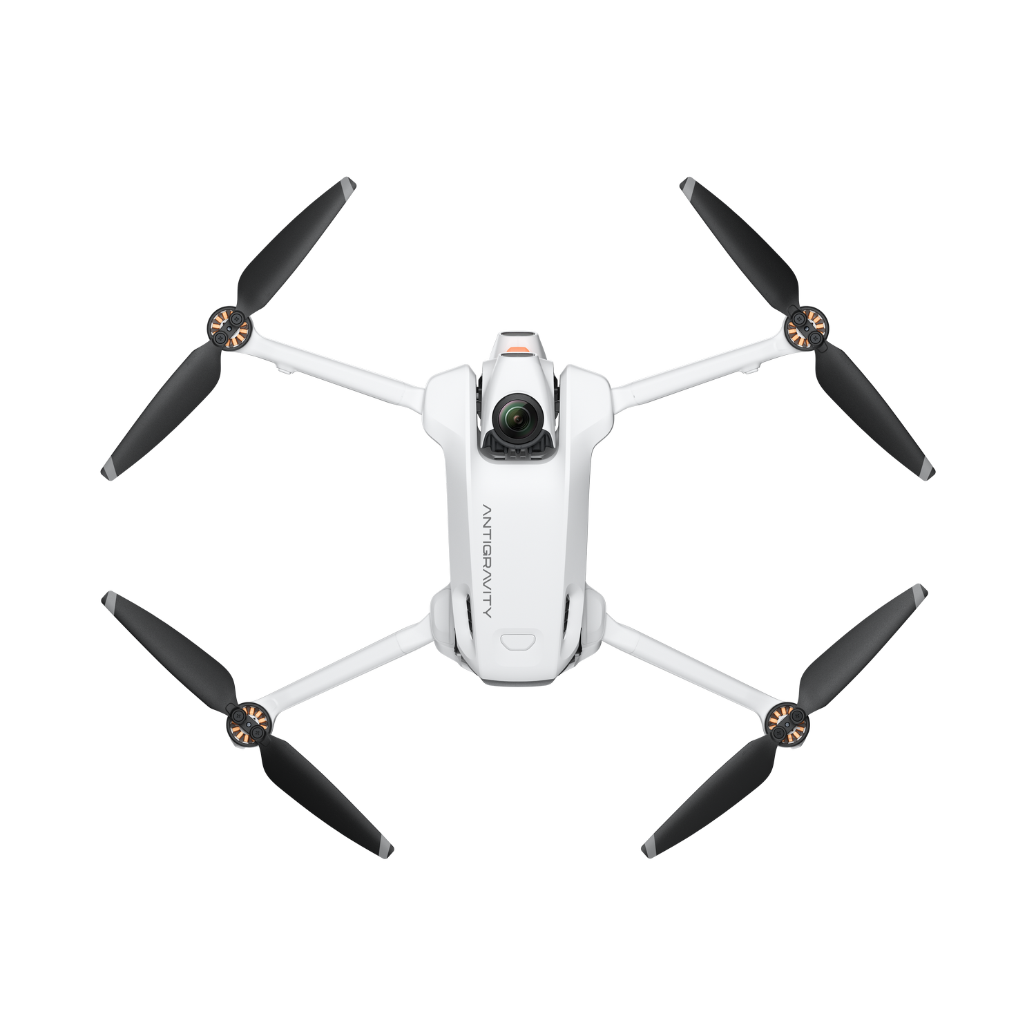 Un dron blanco con cuatro hélices negras, centrado en un fondo gris. La palabra ANTIGRAVITY está impresa en él.