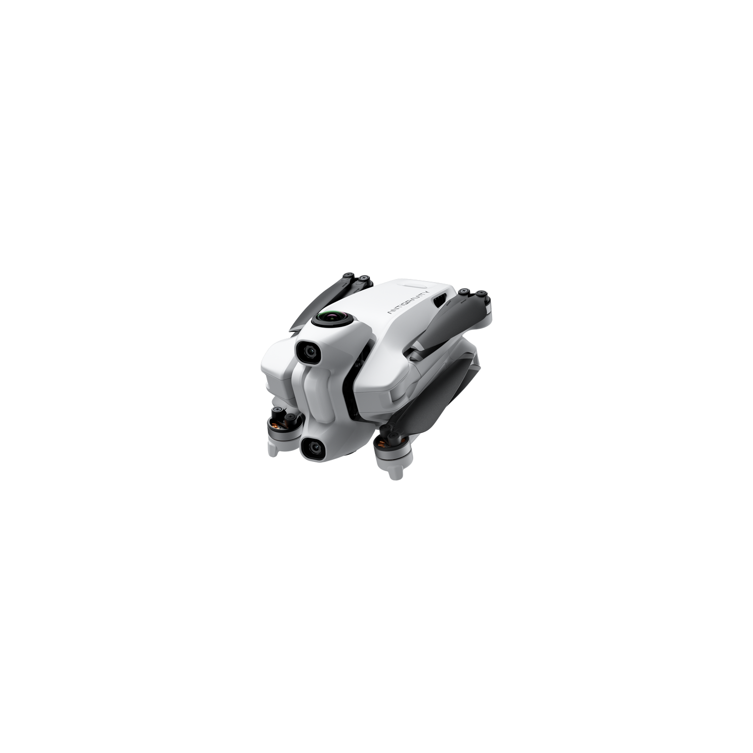 Un dron blanco con hélices y cámaras negras, sobre un fondo gris. El dron está en ángulo, mostrando su diseño.