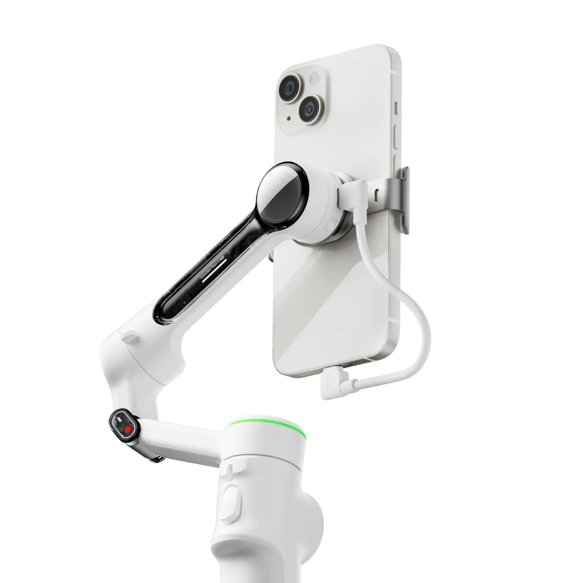 Ein weißes Smartphone ist auf einem weißen Stabilisator montiert. Ein weißes Kabel ist eingesteckt. Schwarzer Hintergrund.
