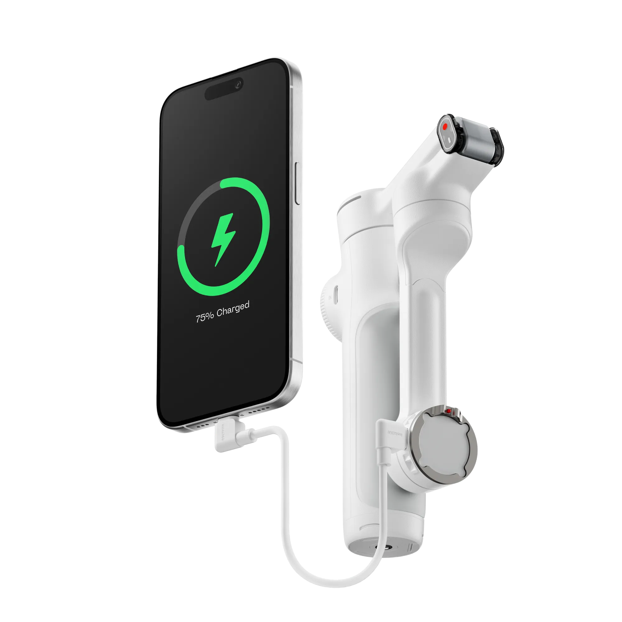Ein weißes Telefon wird aufgeladen und zeigt 75% geladen an. Es ist mit einem weißen Gimbal-Stabilisator verbunden, alles auf schwarzem Hintergrund.