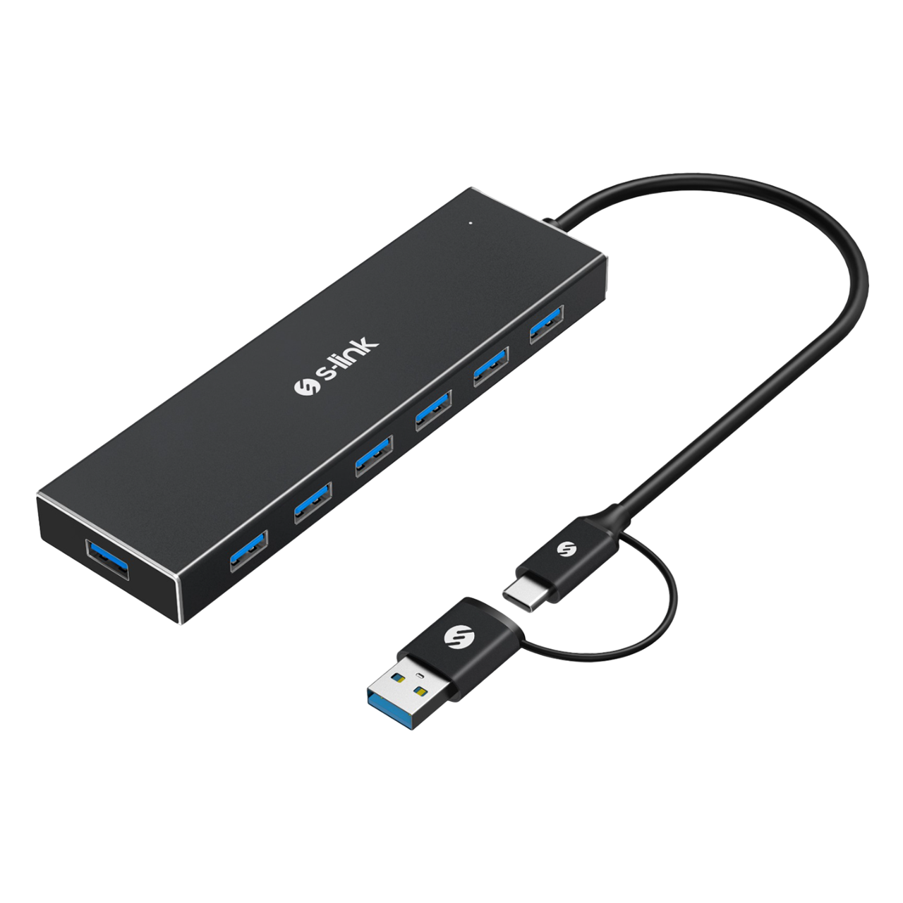 Çoklu bağlantı noktasına sahip siyah bir USB hub'ı. USB-C ve USB-A konektörleri vardır. Marka s-link'tir. Arka plan siyahtır.
