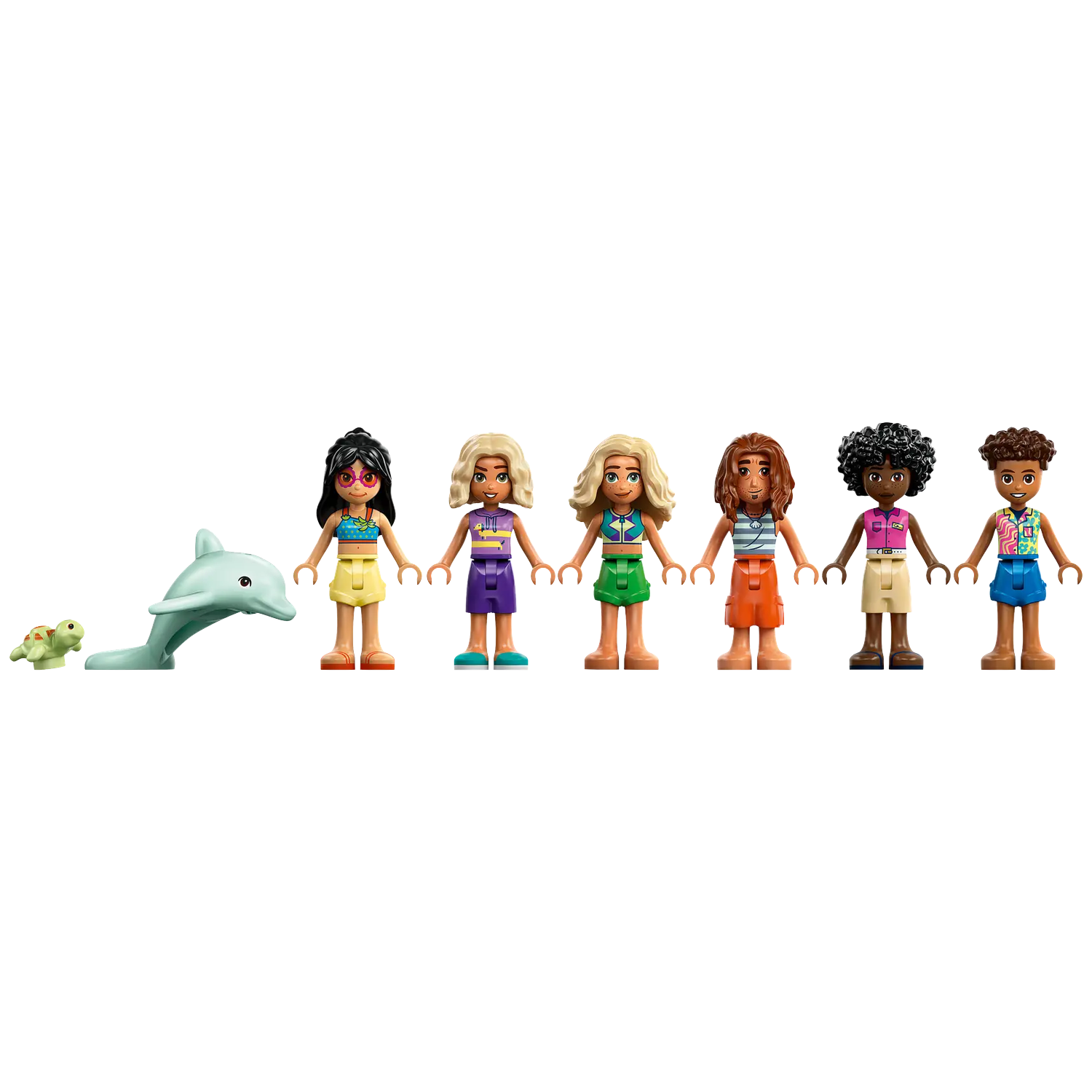 Seven Lego figures, a dolphin, and a turtle are on a white background. The figures have different skin tones and outfits.