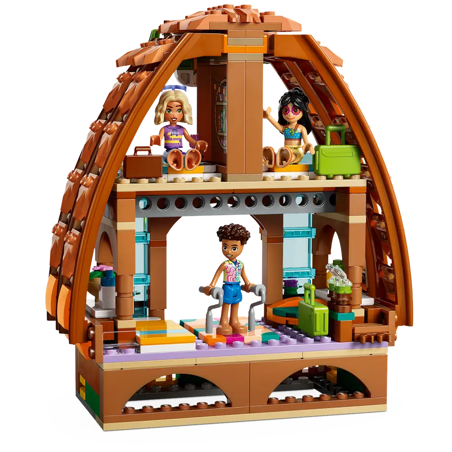 Lego set depicting a two-story wooden hut with three mini-figures. Two figures are seated upstairs and one is standing in the middle.