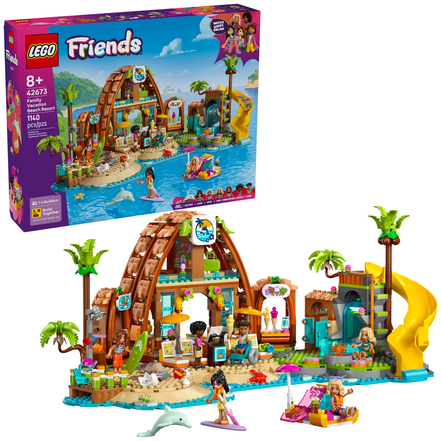 LEGO Friends beach resort set. Includes figures, water slide, huts, and accessories. A box showing the set is in the top left corner.