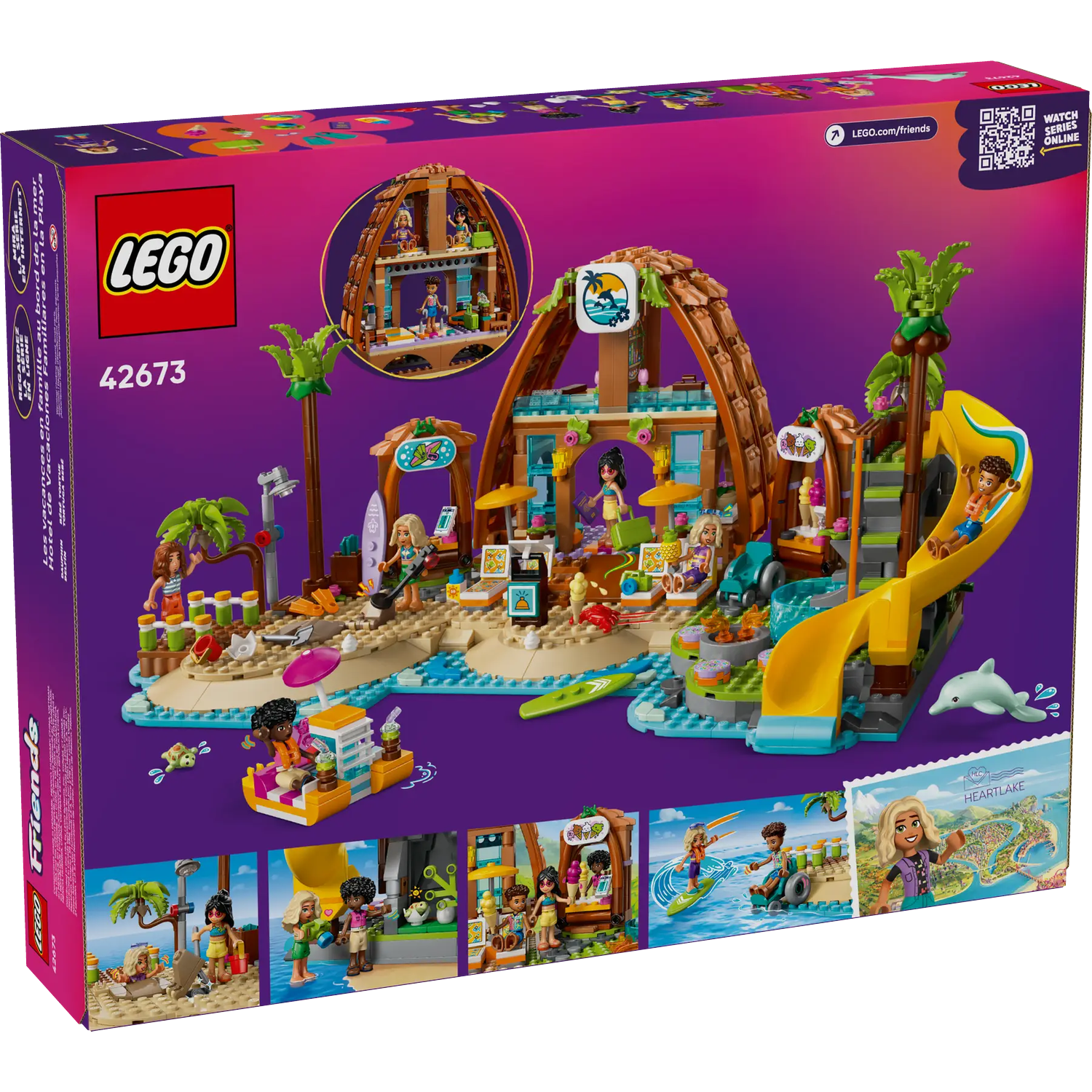 Lego Friends set box. Beach resort with figures, slide, boat, and palm trees. Purple background. Lego logo at the top.