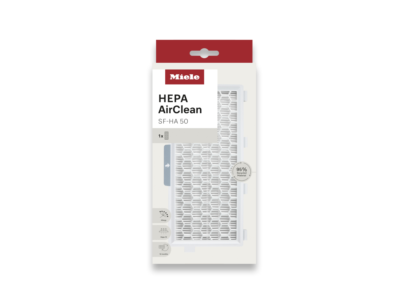 Ein Miele HEPA AirClean SF-HA 50 Filter in seiner Verpackung. Die Verpackung ist weiß mit roten Akzenten. Text enthält '95% recyceltes Material'.