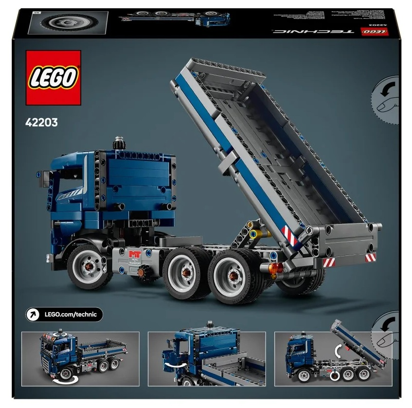 Niebieski wywrotka Lego Technic. Skrzynia ładunkowa ciężarówki jest podniesiona. Widoczne jest logo Lego i numer zestawu 42203.