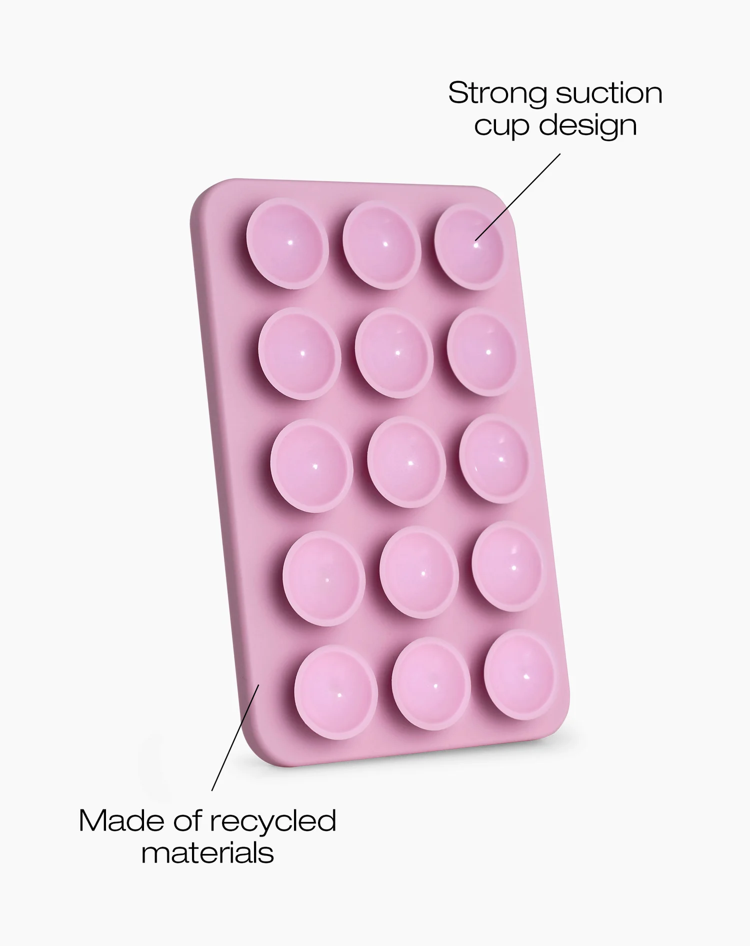 Egy rózsaszín szívókorong design újrahasznosított anyagokból, 15 sorba rendezett szívókoronggal, fehér háttéren.