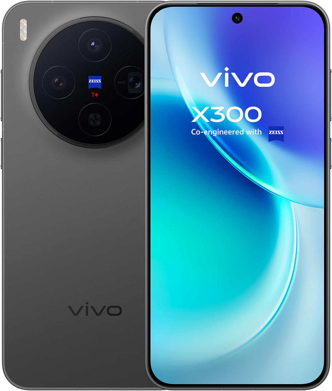 Egy sötétszürke Vivo X300 telefon. A hátulján kör alakú kameramodul található. A képernyőn a Vivo logója és a Zeiss márka látható.
