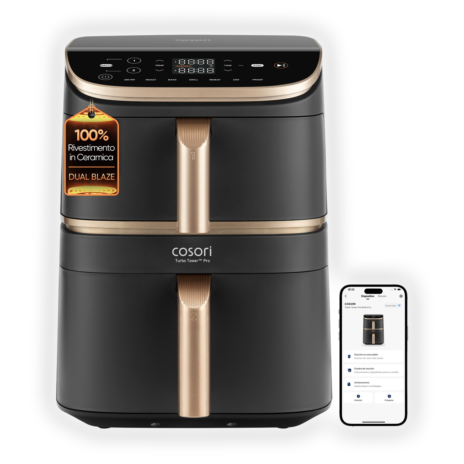 Cosori Turbo Tower Pro Smart Friggitrice AD Aria, capacità 10,8 l, Max potenza 2630 W, Nero e Oro