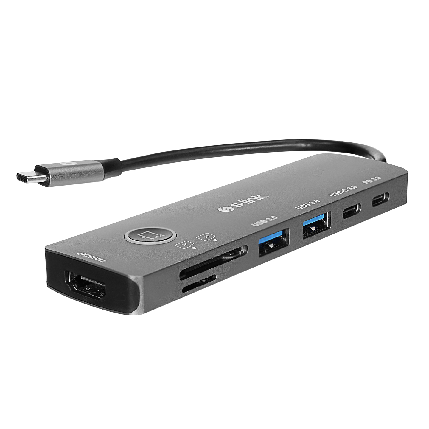 Birden fazla bağlantı noktasına sahip gri bir S-link USB hub'ı, USB 3.0, USB-C ve HDMI dahil. Hub'dan siyah bir kablo uzanıyor.