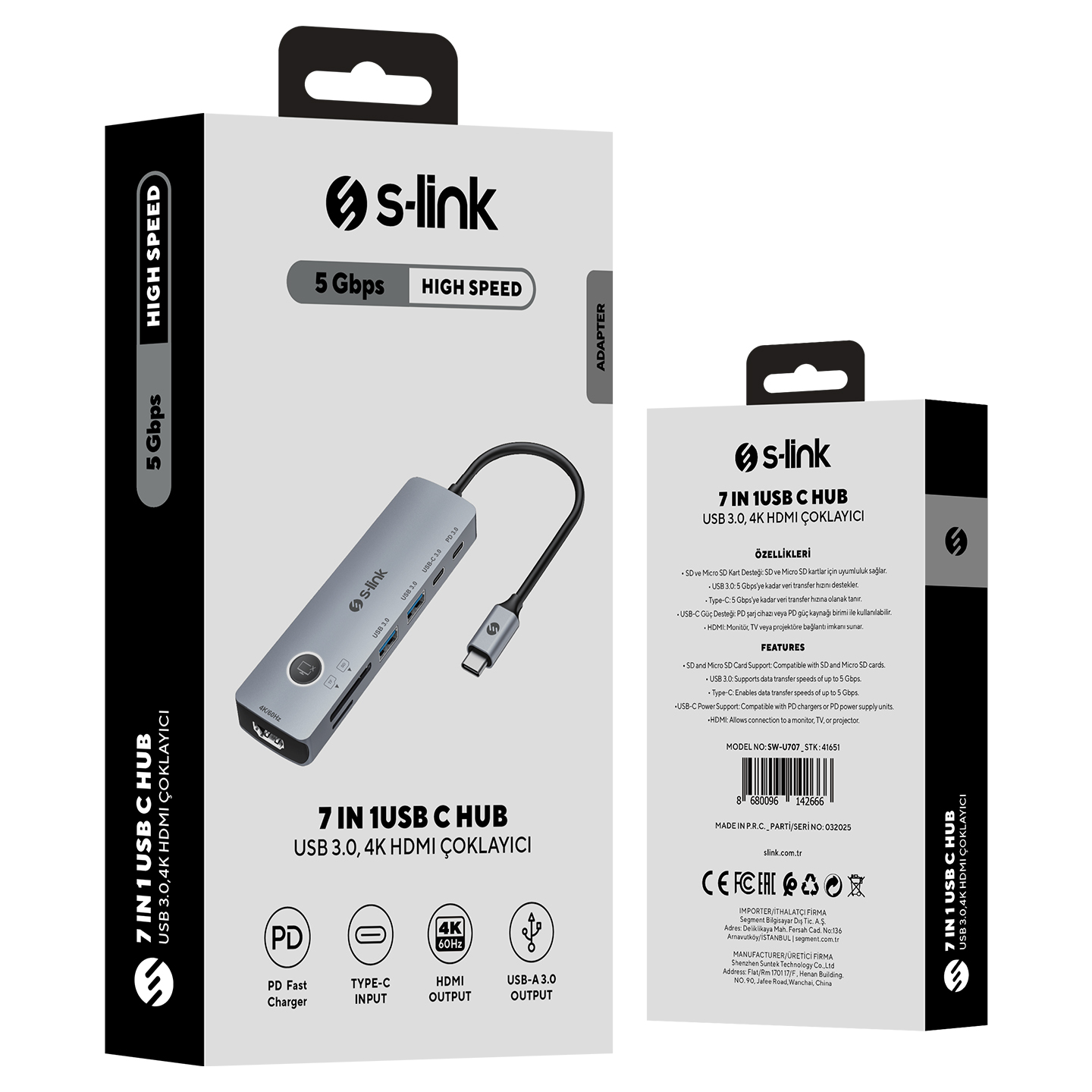 7'si 1 arada USB C hub için ürün kutusu. 5 Gbps, HDMI çıkışı ve USB 3.0 gibi ayrıntıları içerir.