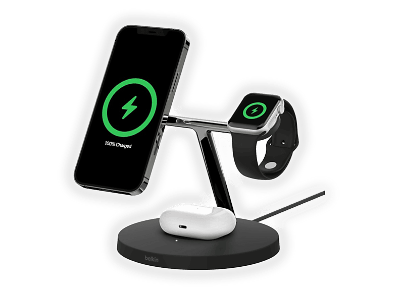 Caricabatterie Magsafe Belkin BoostCharge Pro, stazione di ricarica wireless magnetica 3 in 1 con Qi2 da 15W per iPhone e Apple Watch Airpods, Nero