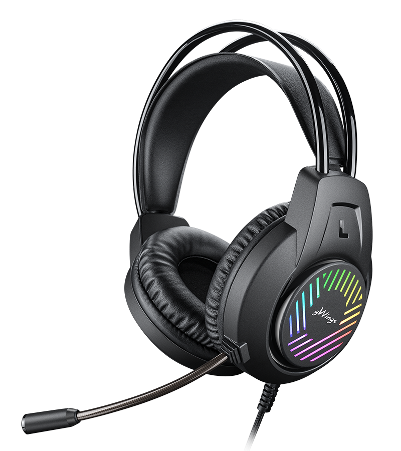GWINGS vezetékes fejhallgató mikrofonnal, 2x 3,5mm jack, USB LED világítás, fekete (GW917HS)
