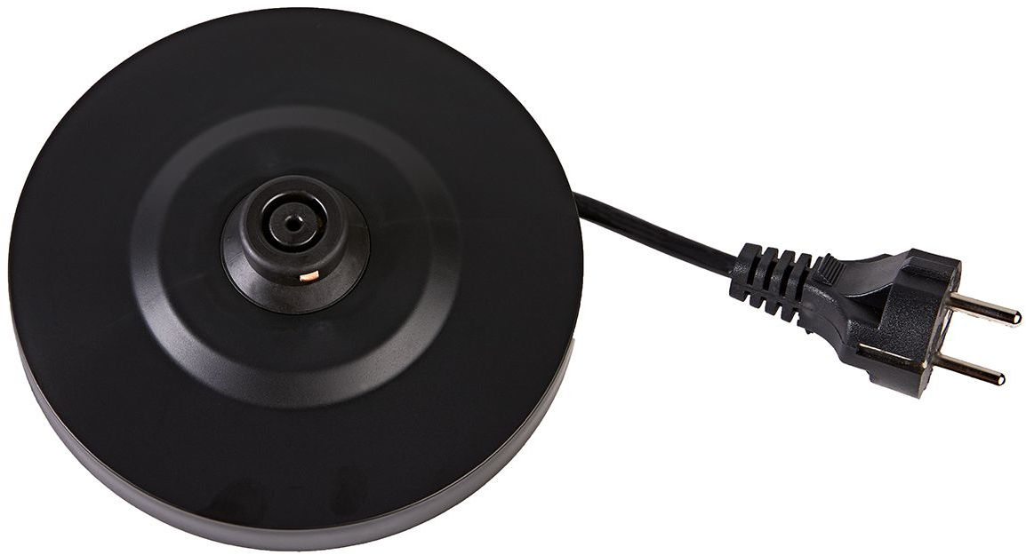 Ein schwarzer Wasserkocherfuß mit schwarzem Netzkabel und Stecker. Die Basis ist kreisförmig.