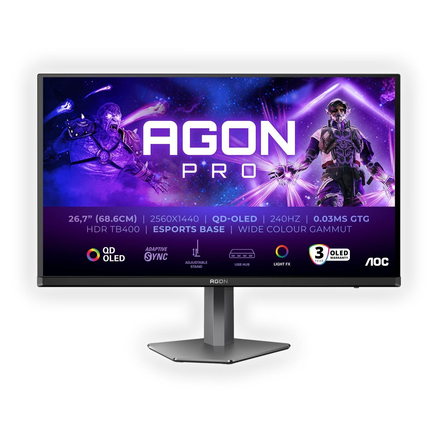 AOC Ag276Qzd2 Monitor Gaming, 27", Qhd, 2560 x 1440 Pixel, tempo di risposta 0,03 ms, refresh rate 240 Hz
