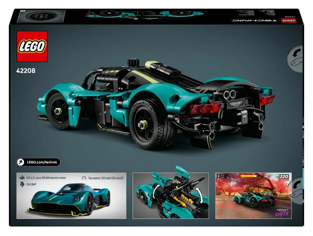 Model Lego Technic Aston Martin w kolorze turkusowym, czarnym i żółtym. Jest na pudełku z dodatkowymi zdjęciami i specyfikacjami samochodu.
