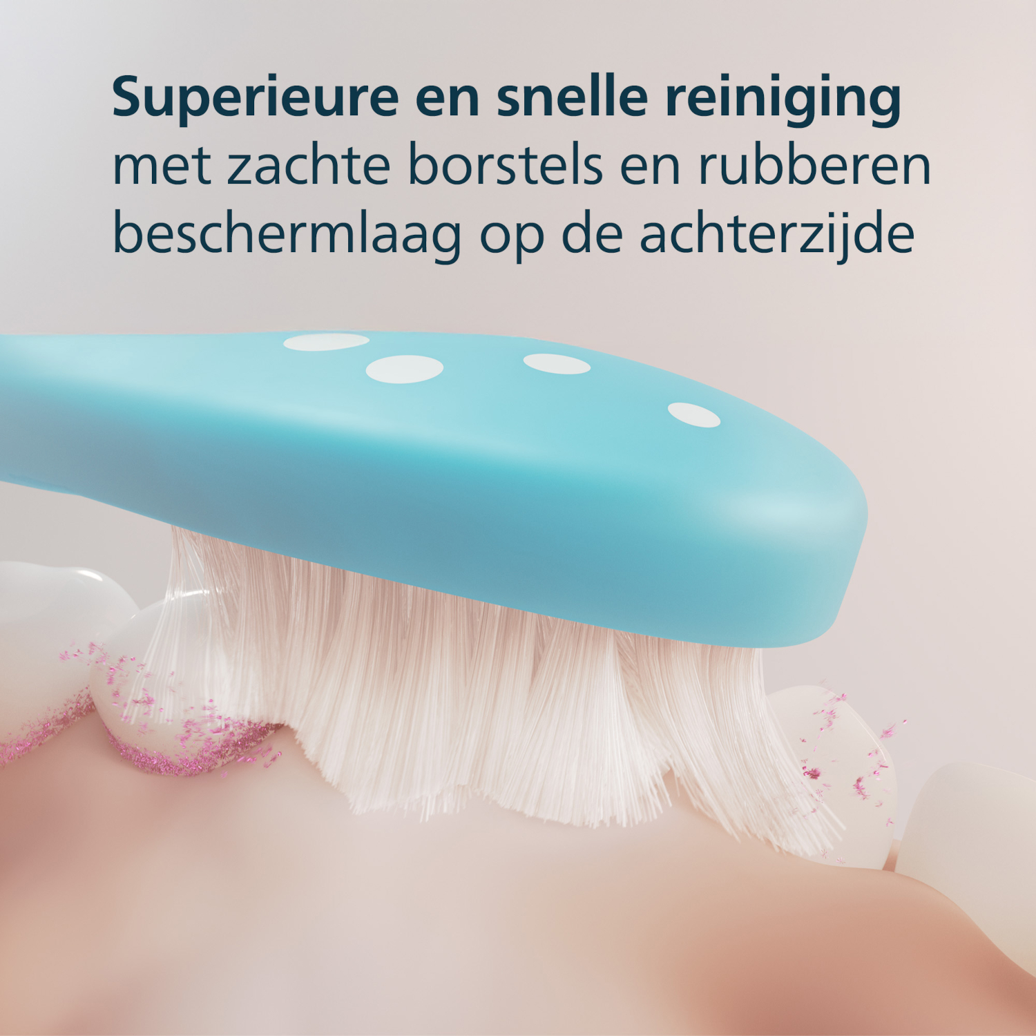 A blue toothbrush cleans teeth with white bristles. Pink particles indicate cleaning. Text reads 'Superior and quick cleaning'.
