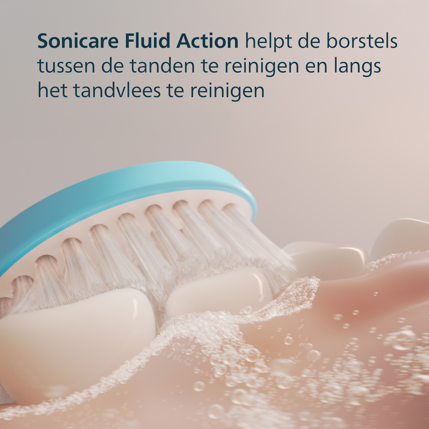 A close-up shows a blue toothbrush cleaning teeth. Foamy water surrounds the teeth and gums, demonstrating the cleaning action.