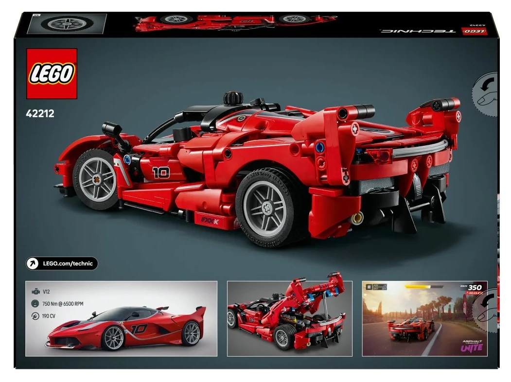 Czerwony model samochodu LEGO Technic. Ma numer 10, czarne detale i szare koła. Poniżej znajdują się mniejsze zdjęcia samochodów.