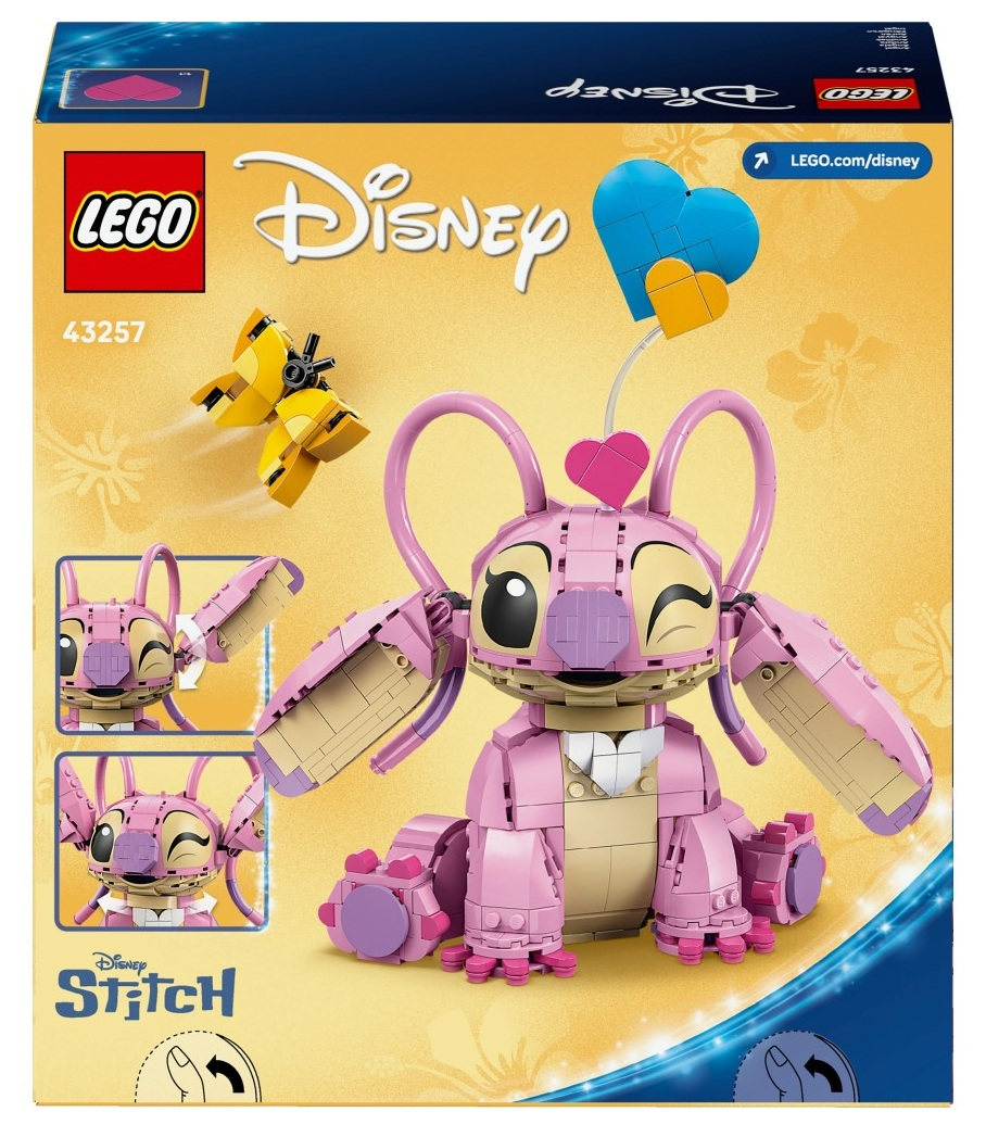 Figurka Lego Disney Angel. Różowe i beżowe kolory. Motyl i balony w kształcie serca. Logo Lego i marka Disney Stitch.