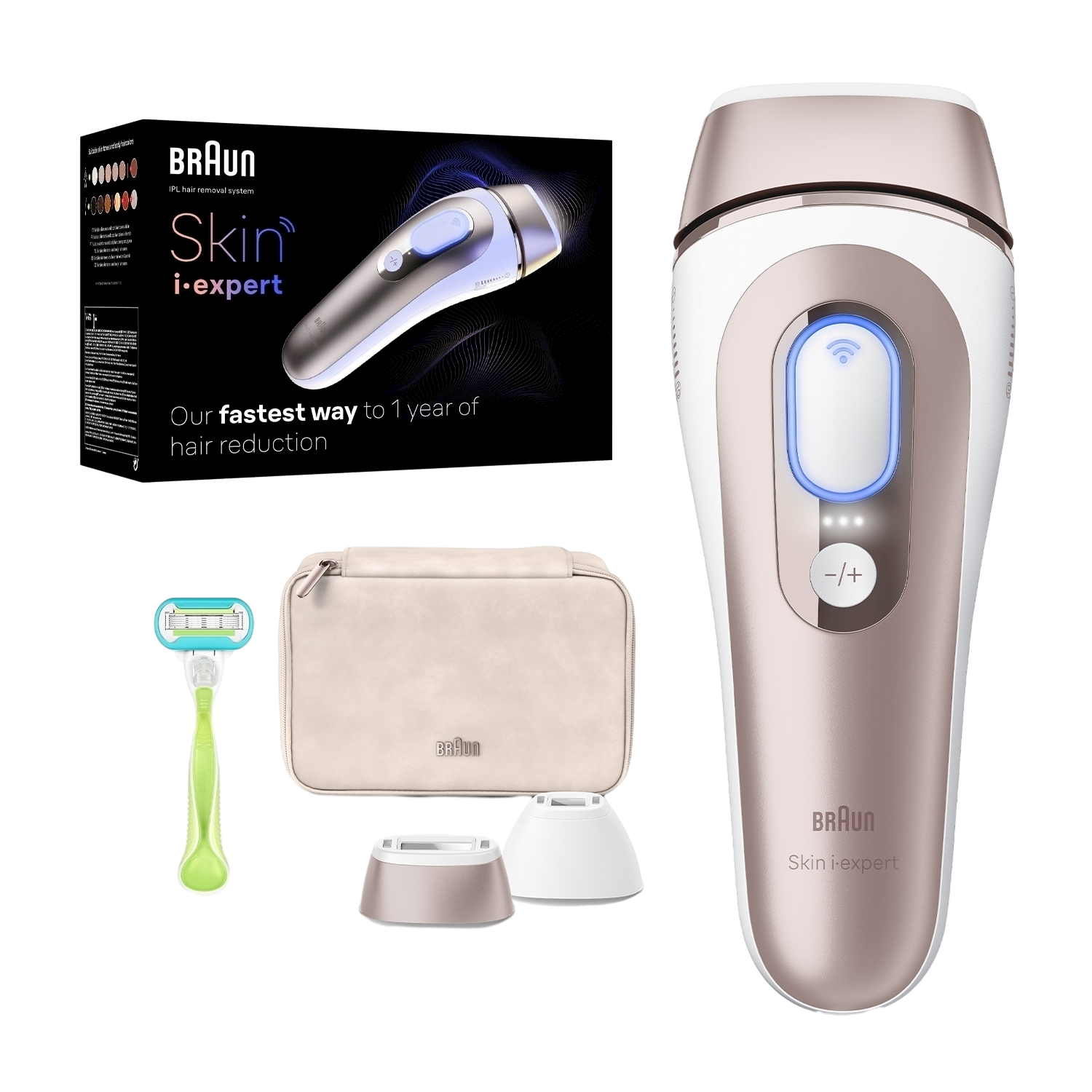 L'immagine mostra il dispositivo IPL Braun Skin i-expert, un rasoio, una custodia e accessori di ricarica. Testo: il modo più veloce per 1 anno di riduzione dei peli.