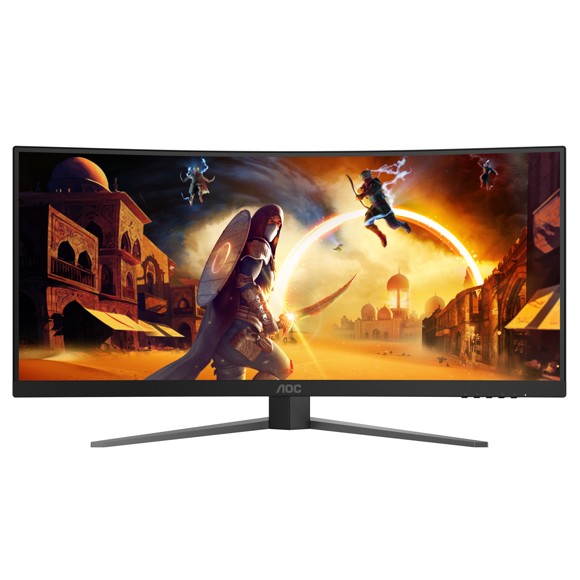 Gebogener Monitor, der eine Fantasieszene mit Charakteren, Gebäuden und einem leuchtenden Portal anzeigt. Der Monitor hat einen schwarzen Standfuß.