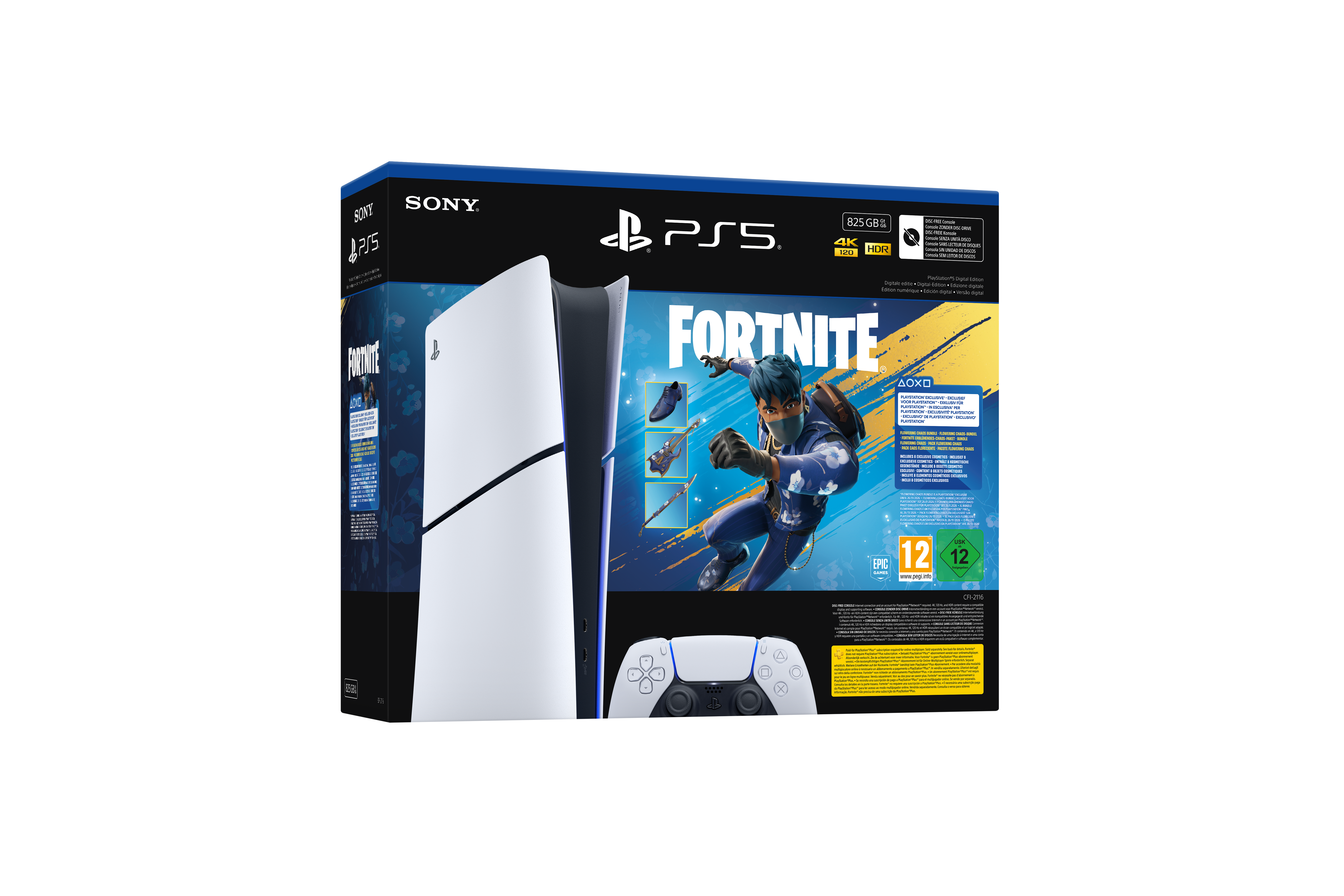 PS5 console doos met Fortnite game. Witte console aan de zijkant, controller onderaan. Blauwe en witte doos.