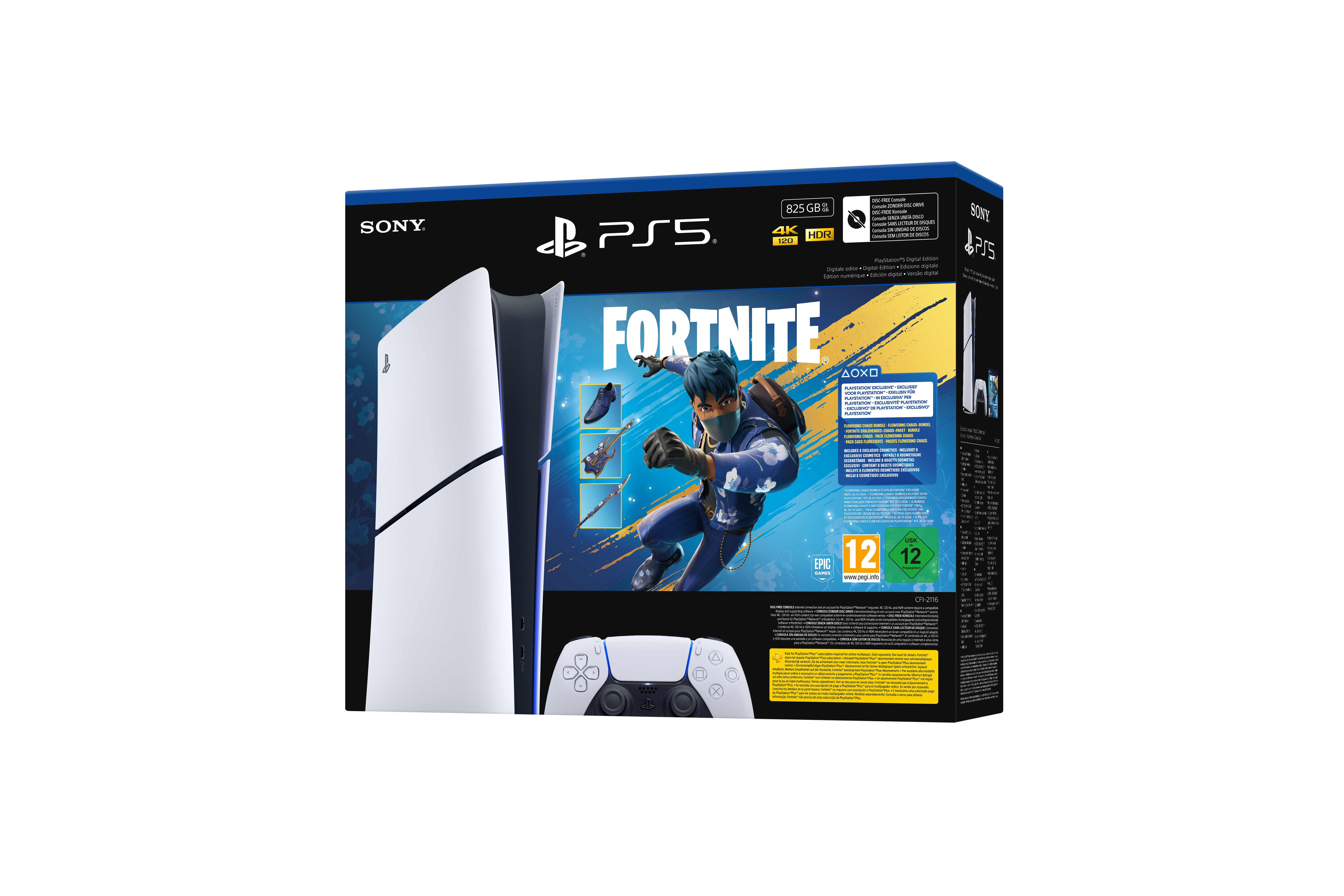 Een PS5-consolebox met een Fortnite-game-afbeelding, controller en speld details.