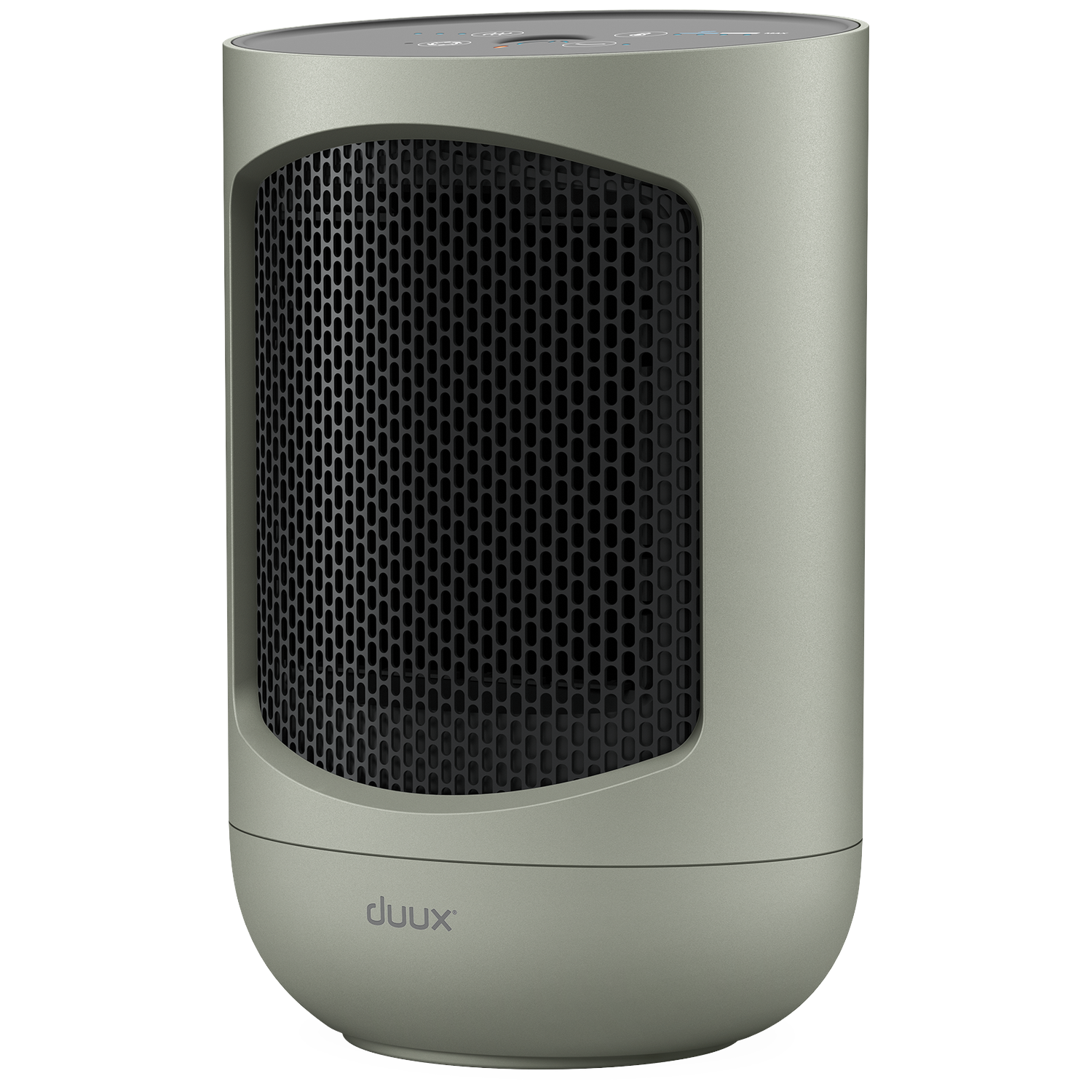 A gray electric heater with a black mesh front. The brand name 'duux' is visible at the bottom.