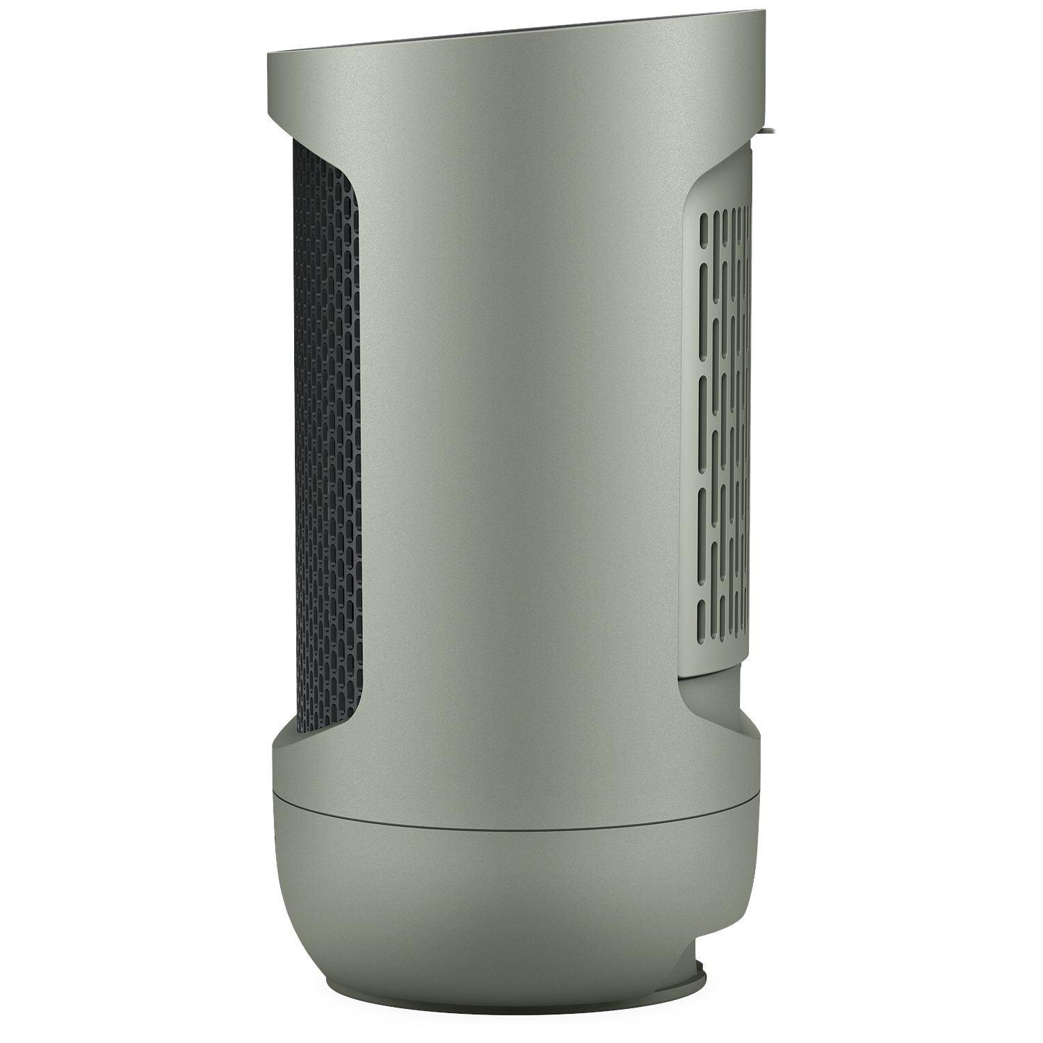 A modern, cylindrical air purifier. It has a light green-grey color, a black mesh panel, and a curved top and base.
