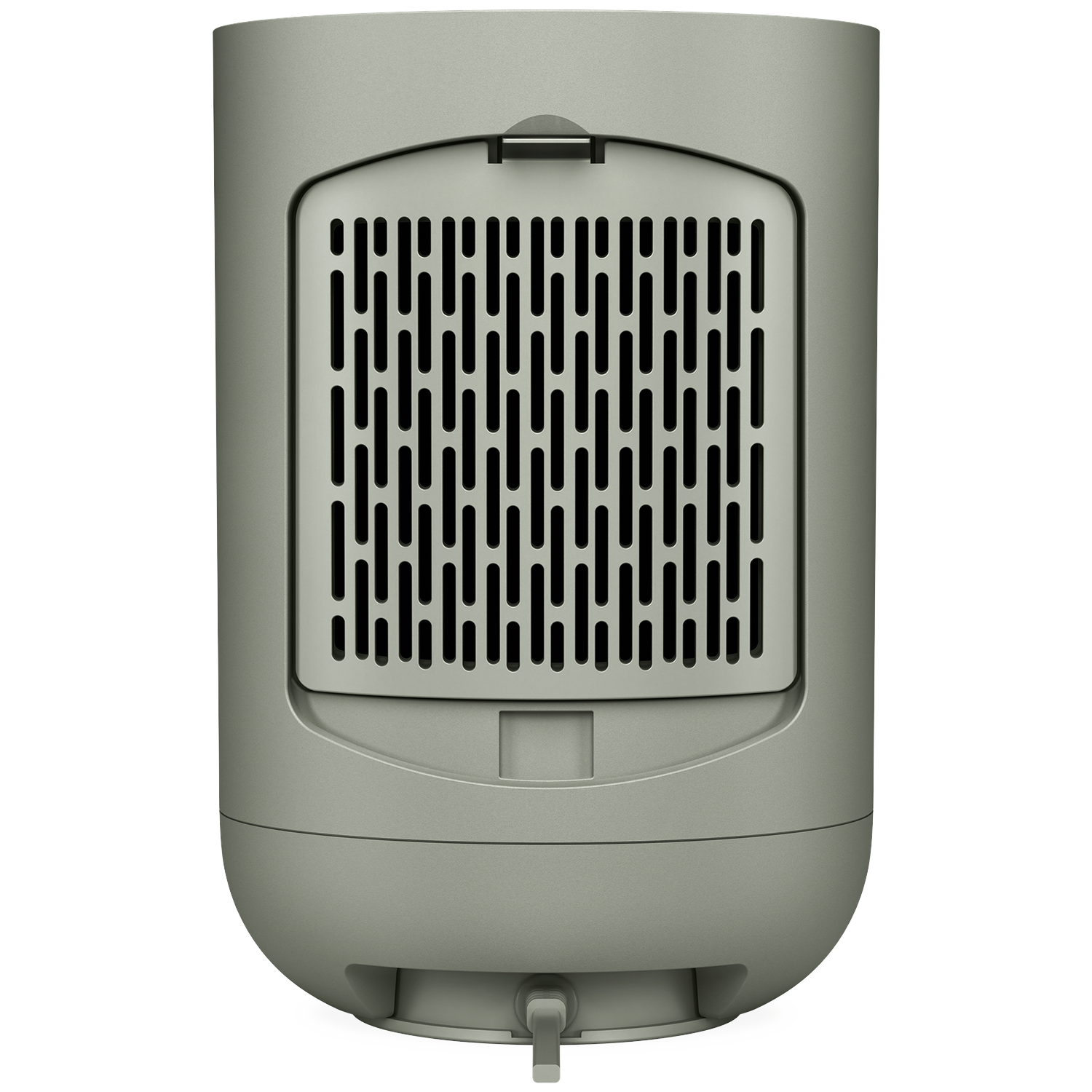 A gray, cylindrical device with a black vent in the center. A small spout is at the bottom. The background is white.