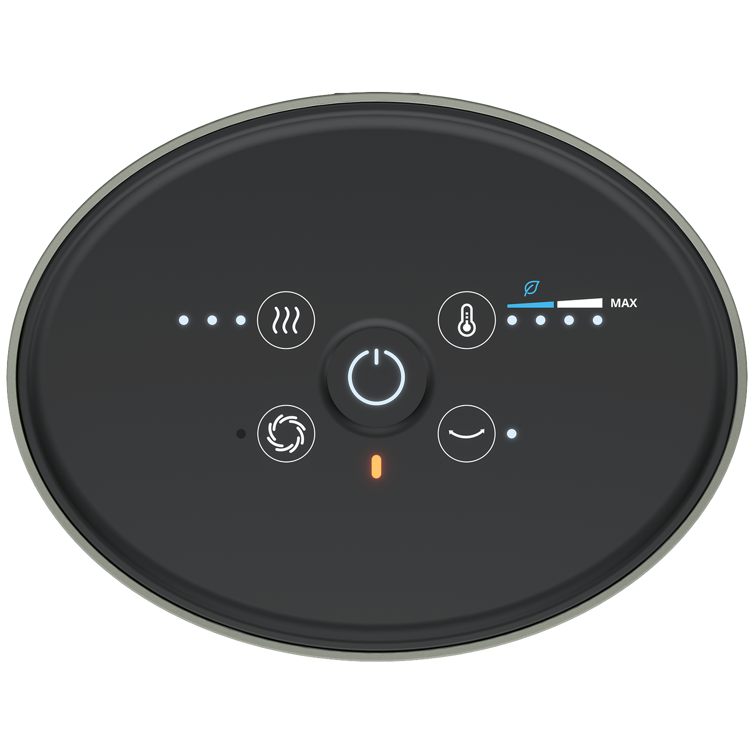 Top view of a device control panel. Features icons for heat, fan, and power, with a temperature gauge, and a max indicator.