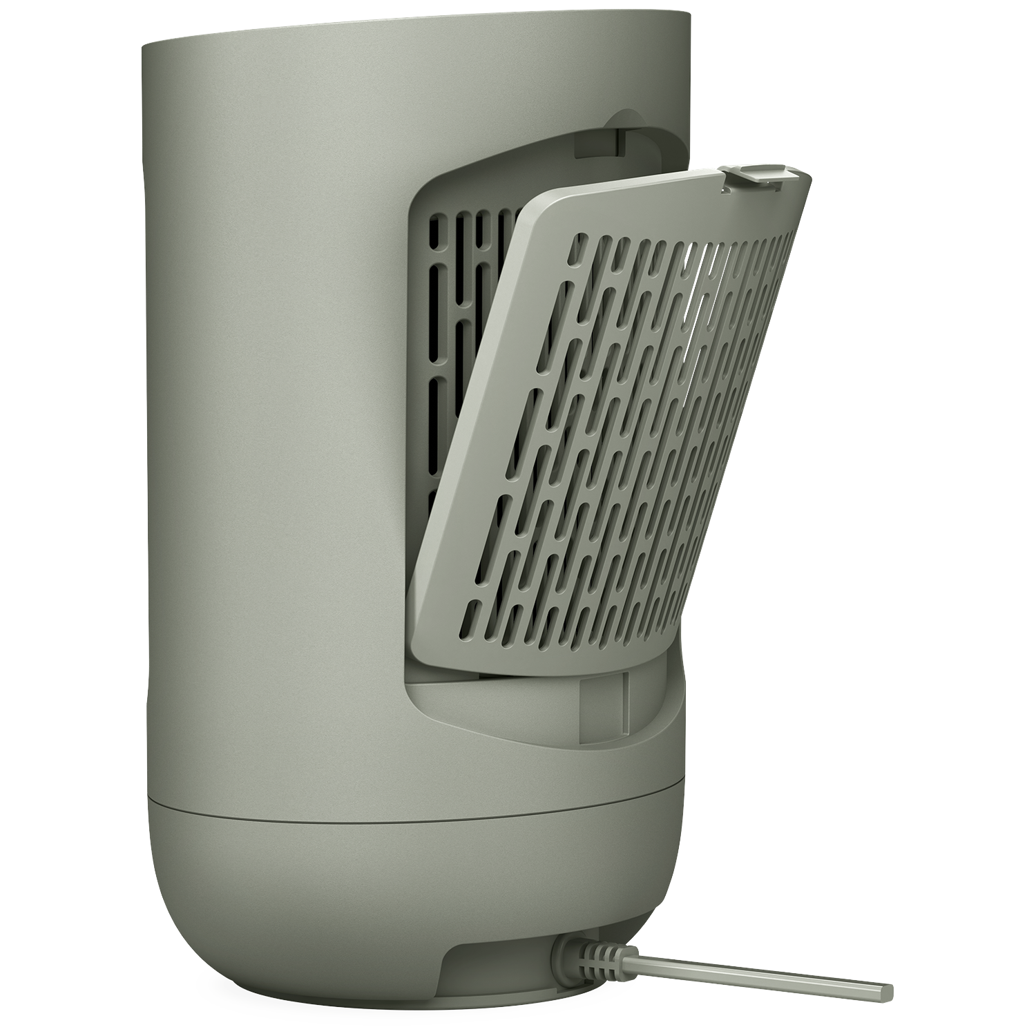 A gray air purifier with an open panel. It has a rounded base and a power cord. The open panel reveals a grid.