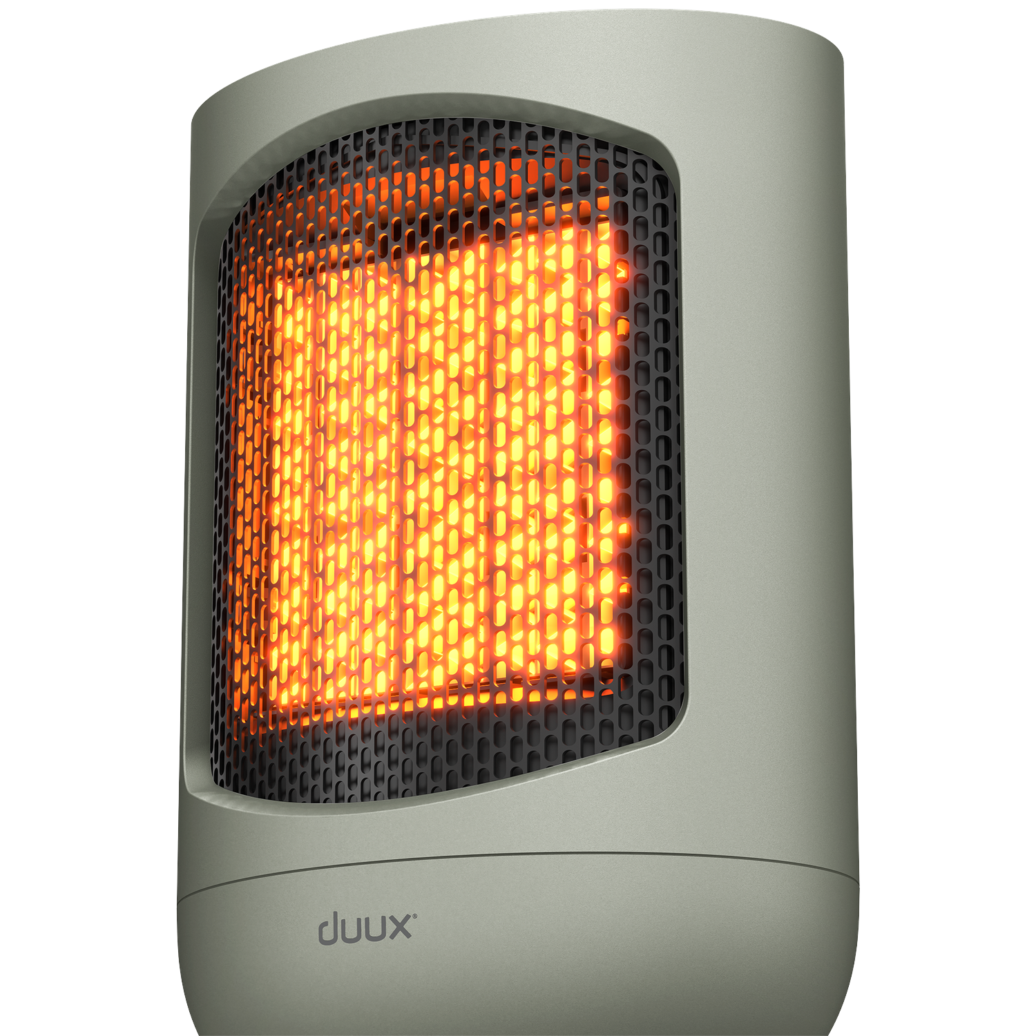 A gray electric heater with an illuminated orange grid. The brand name 'duux' is visible on the front.