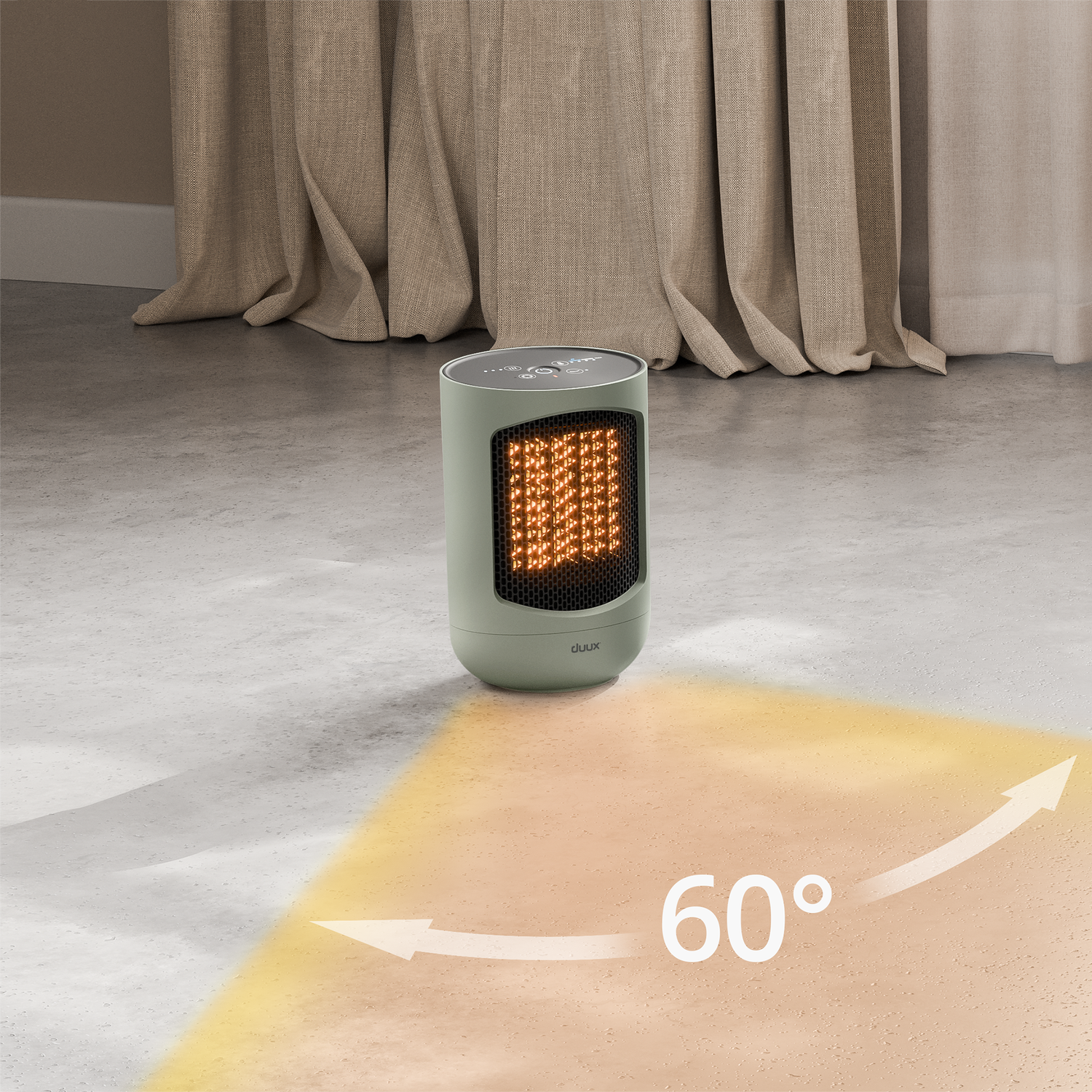 A mint green heater is on the floor, emitting orange heat. A 60-degree angle of heat is shown. Curtains are in the background.