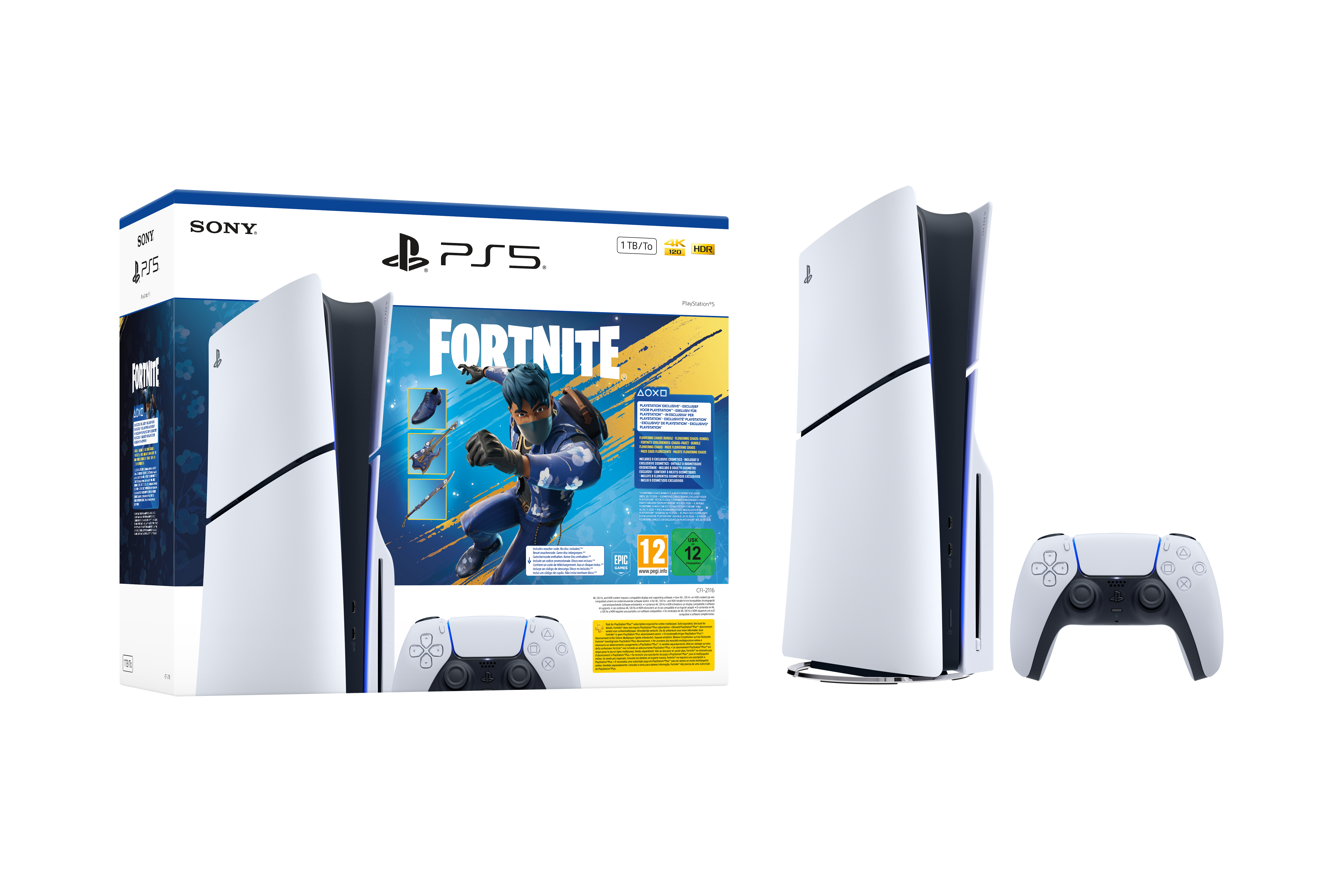 PS5-console, controller en Fortnite-doos op zwarte achtergrond. Wit en zwart design.