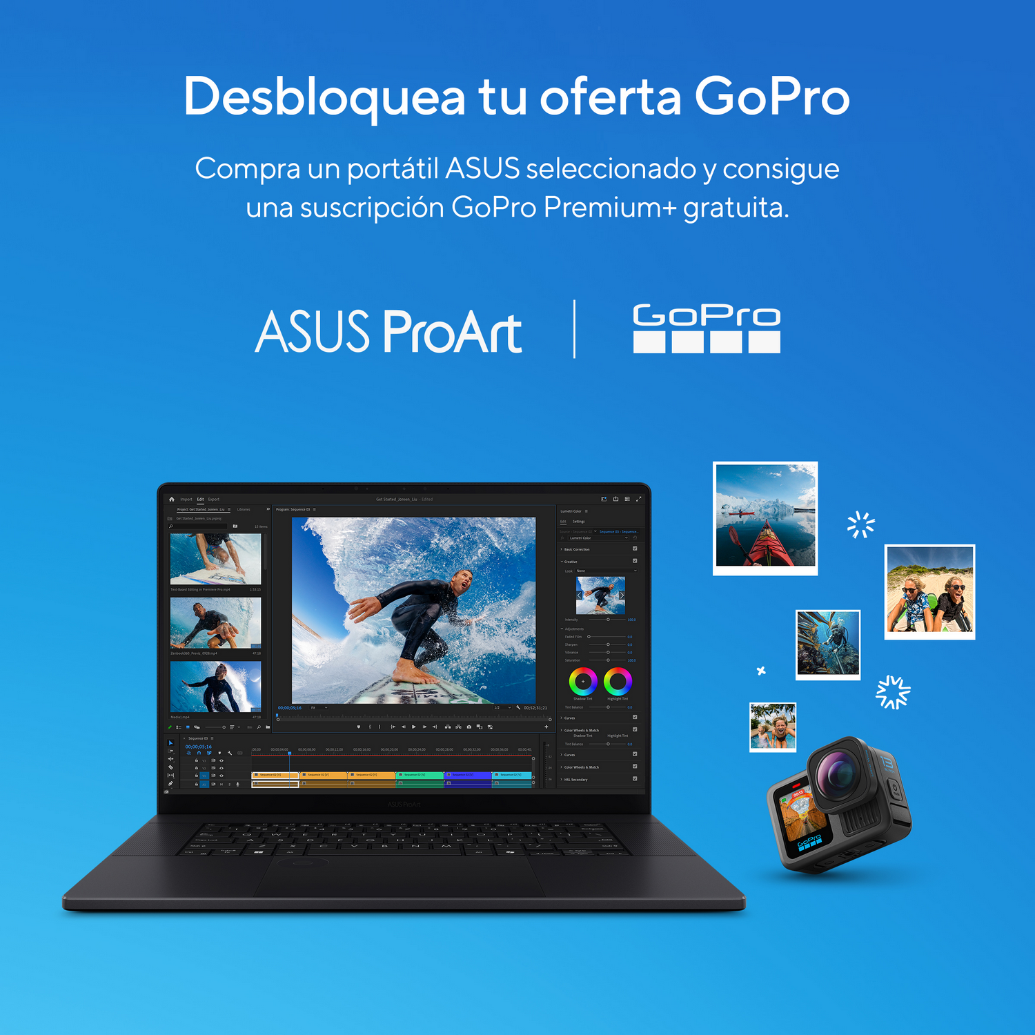 Ordenador portátil con software de edición de vídeo, cámara GoPro e imágenes sobre fondo azul. Texto: 'Oferta GoPro'.