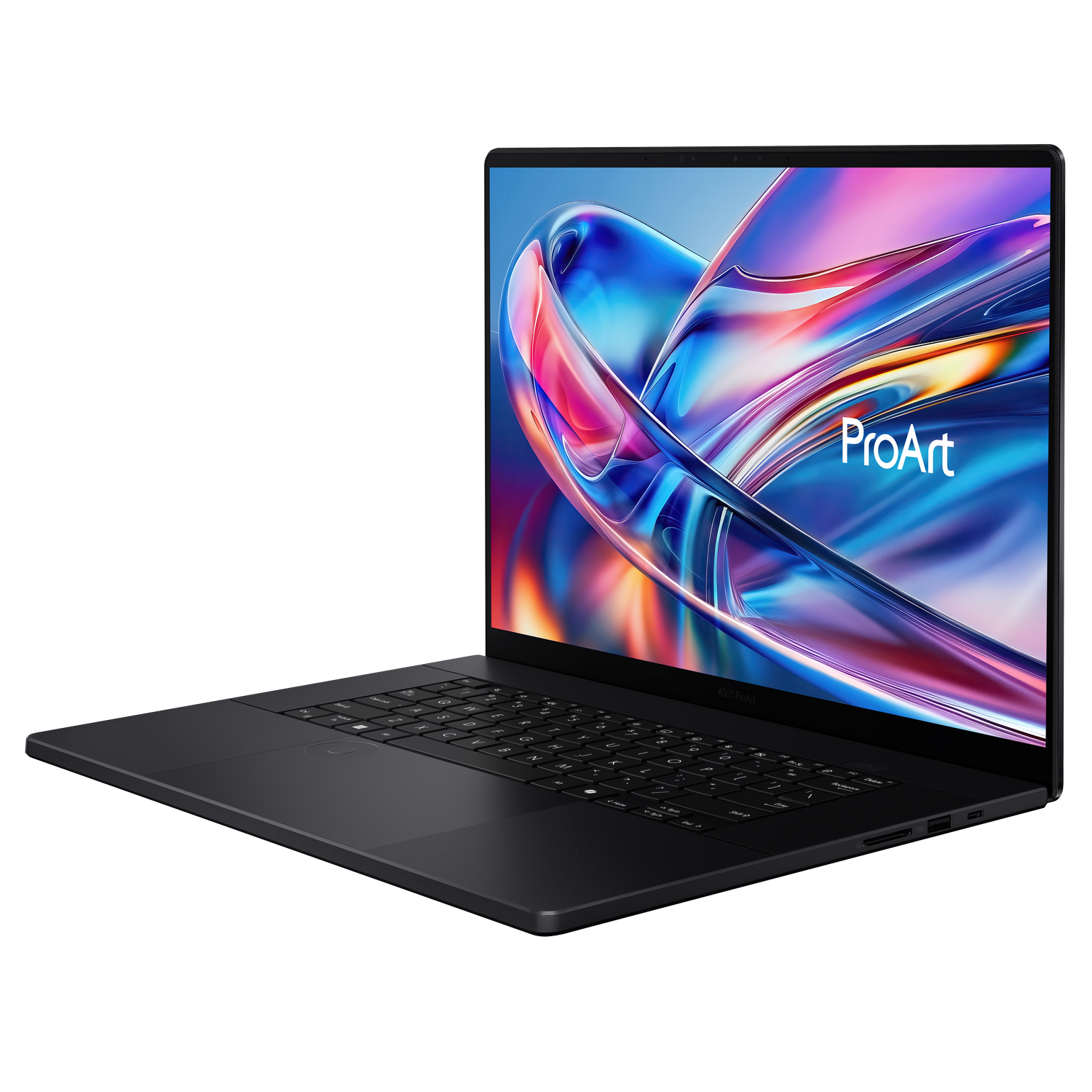 Se muestra una computadora portátil negra en ángulo. La pantalla muestra una imagen abstracta colorida con la palabra 'ProArt'. El teclado es visible.