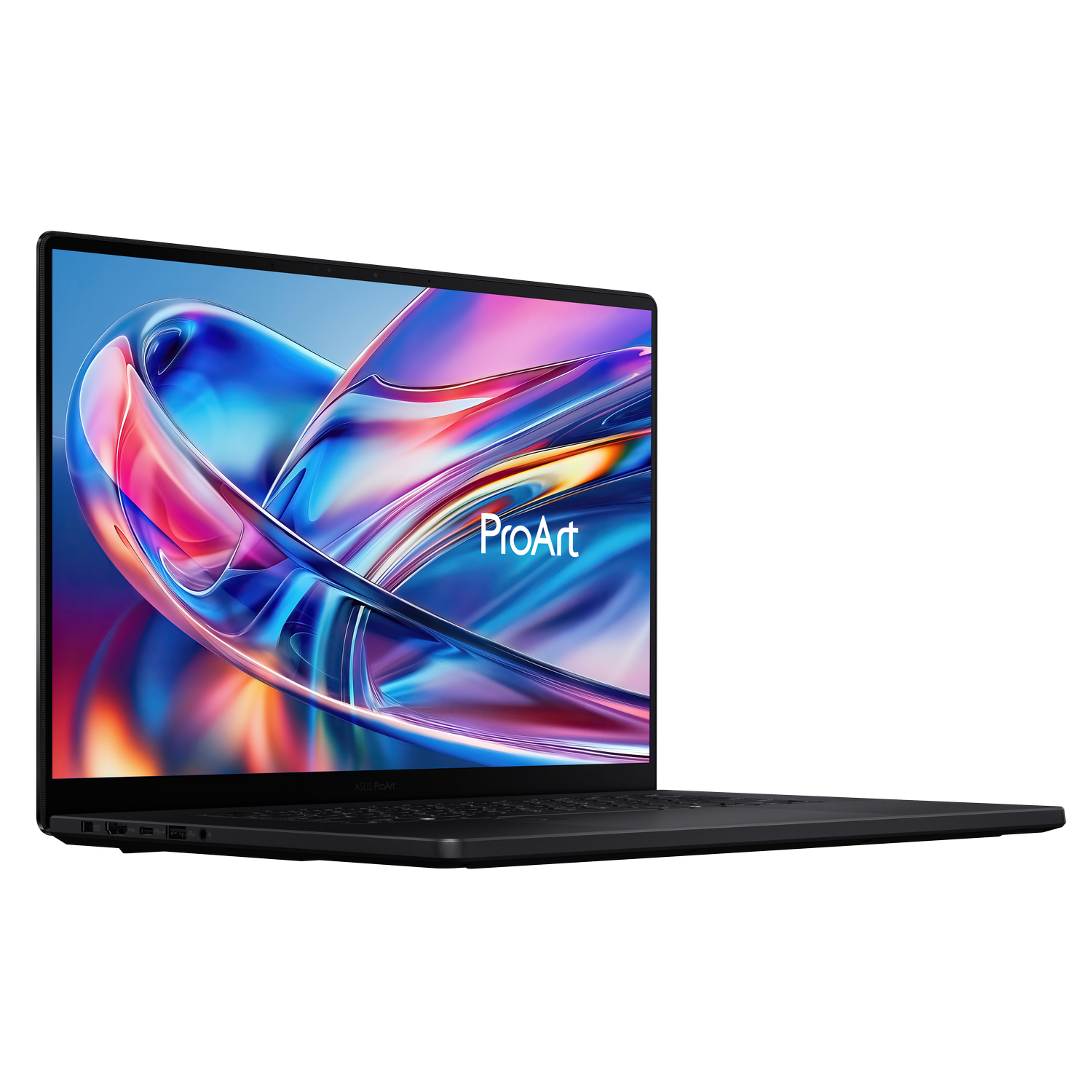 Un portátil negro con la pantalla mostrando una imagen abstracta colorida. La palabra 'ProArt' es visible. El fondo es gris.