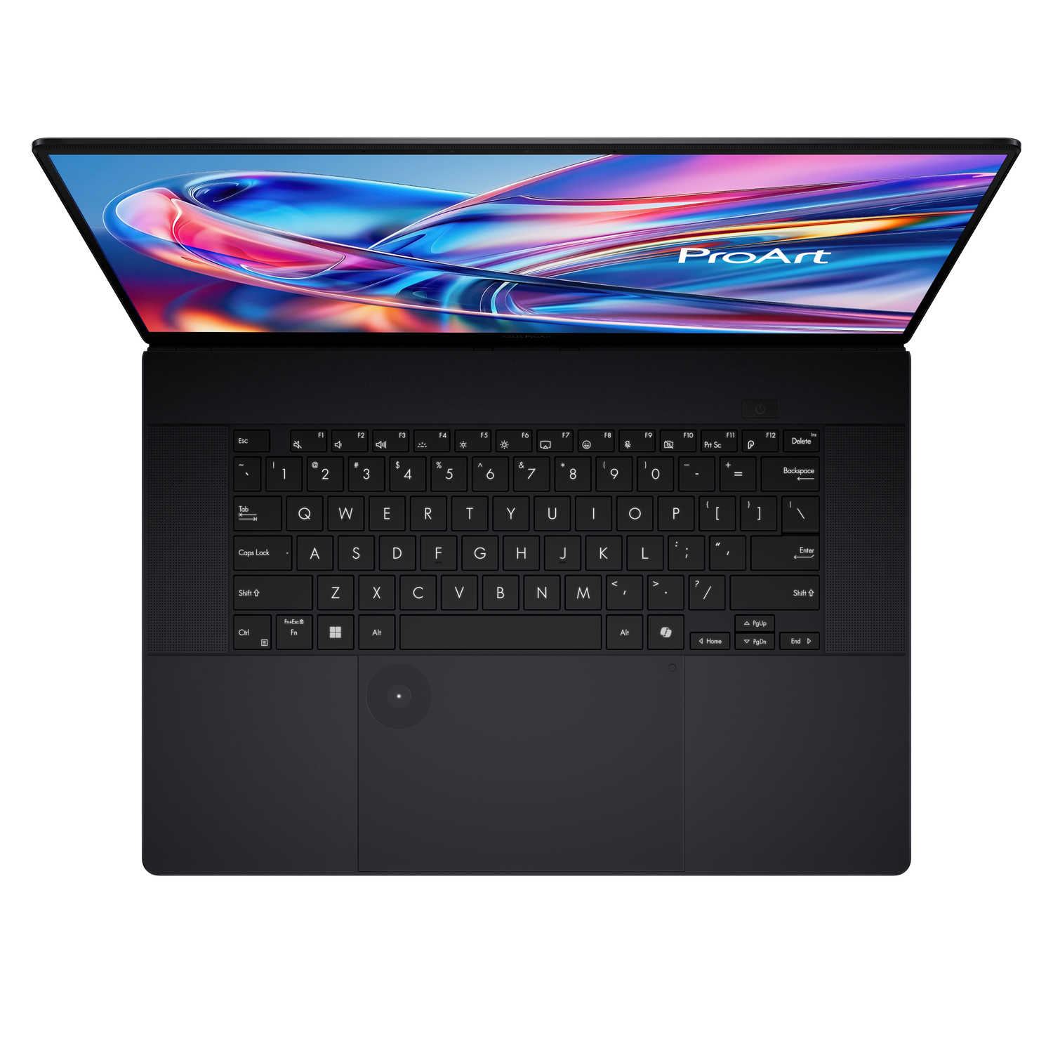Ordenador portátil negro con pantalla abierta que muestra arte abstracto colorido y el logotipo ProArt, teclado visible.