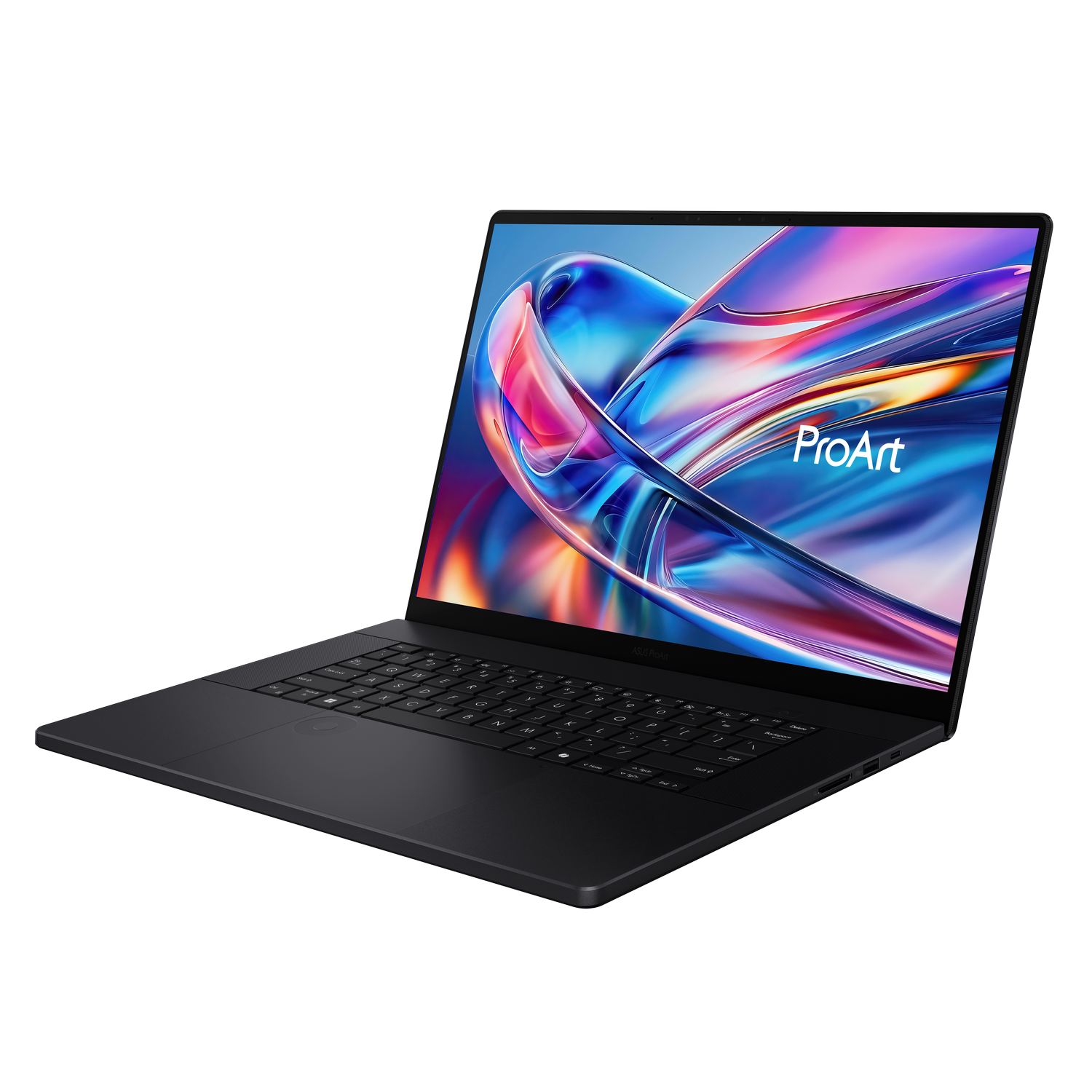 Un portátil negro con la pantalla que muestra un diseño abstracto colorido. El portátil está abierto, en ángulo y colocado sobre un fondo gris.