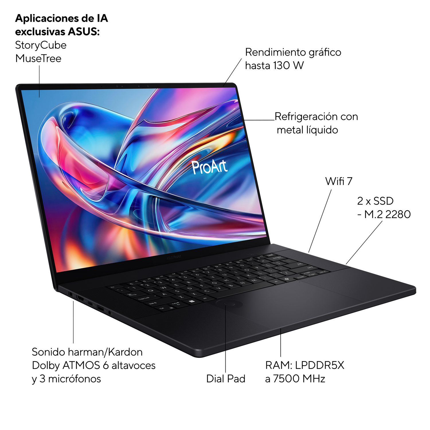 Laptop ASUS ProArt negro. Tiene una pantalla con gráficos coloridos, teclado y etiquetas de especificaciones como RAM, Wifi 7 y audio.